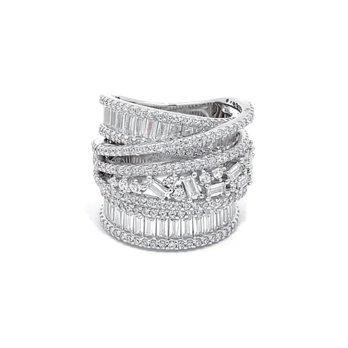 Stack of diamond rings on a white background