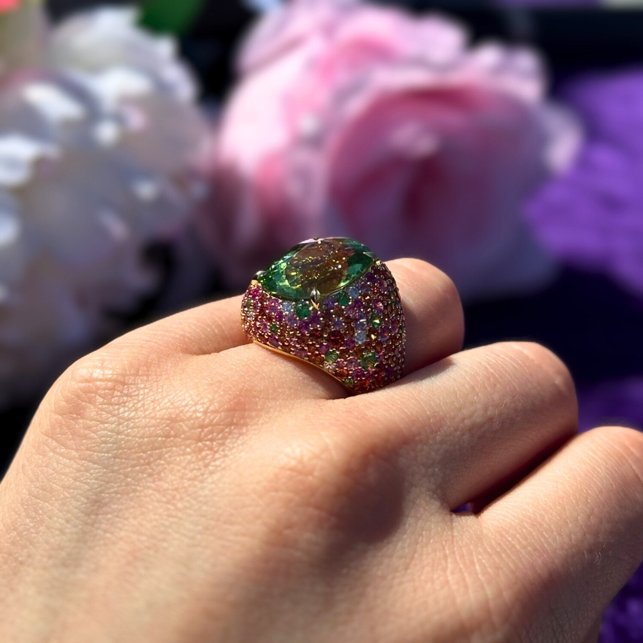 Bewildering Sapphire Tourmaline Tsavorite Yellow 18K Gold Exclusive Ring by Natkina