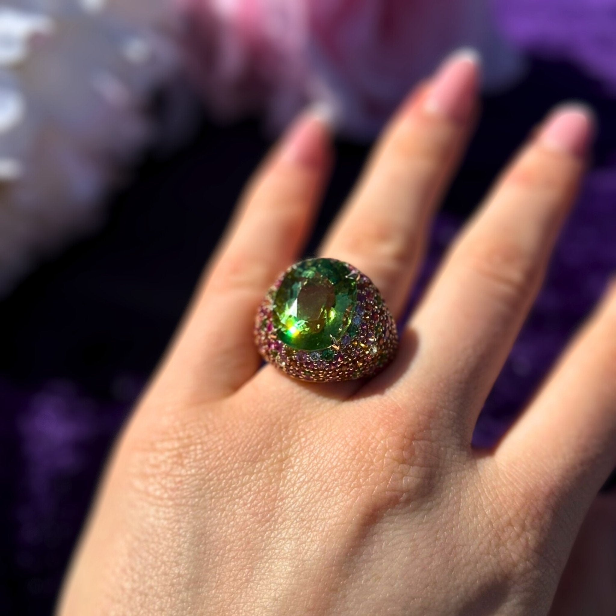 Bewildering Sapphire Tourmaline Tsavorite Yellow 18K Gold Exclusive Ring by Natkina