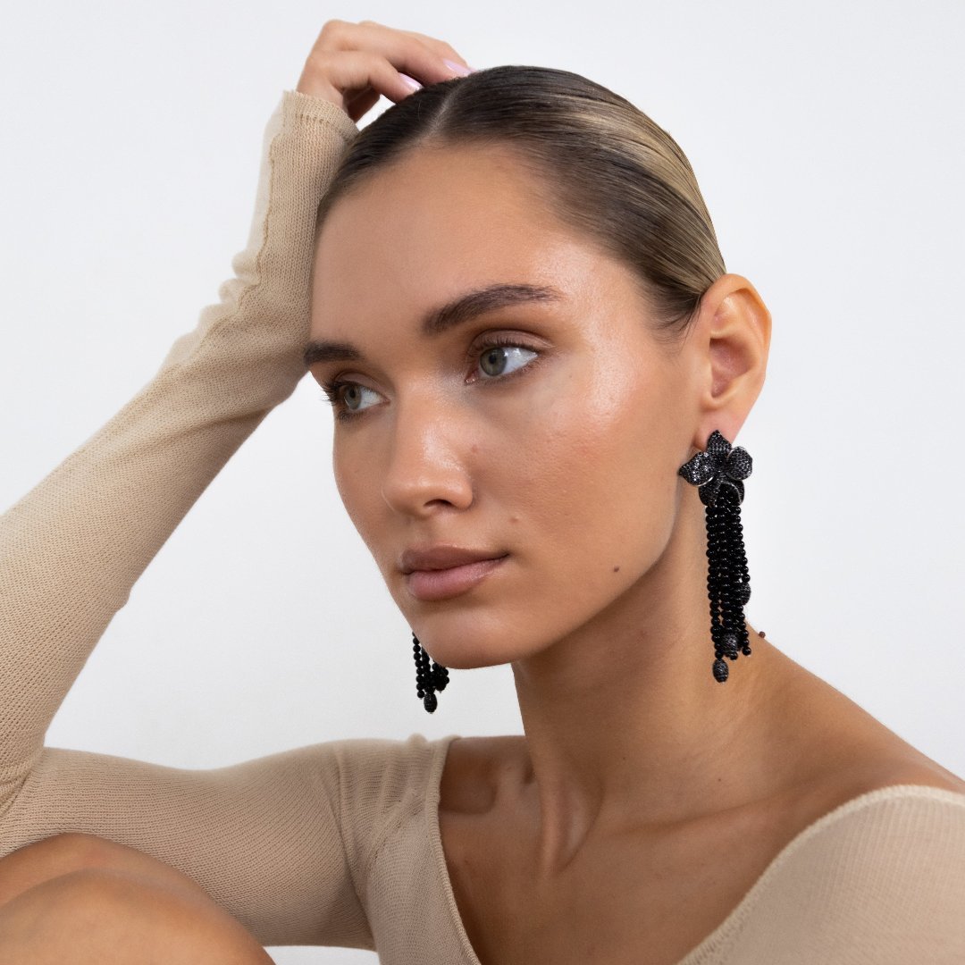 Black and White Flower Chandelier Earrings by Natkina