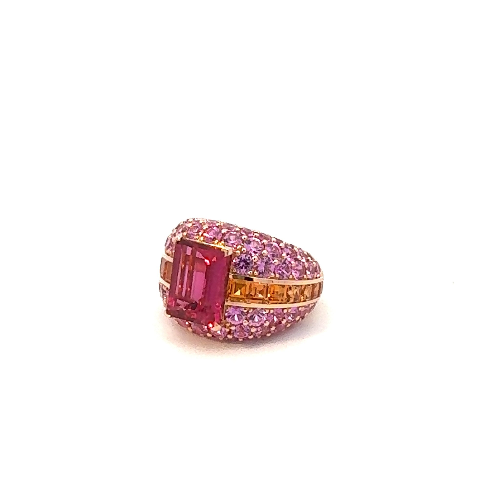 Breathtaking Ruby Orange Pink Sapphire 18K Yellow Gold Exclusive Ring by Natkina
