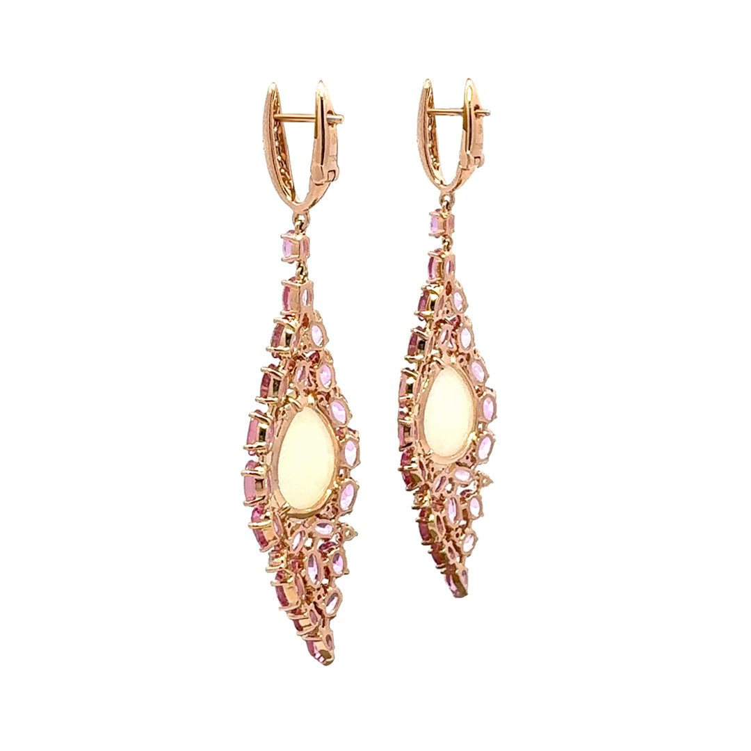 Chandeliers Diamond Pink Sapphire Opal 18K Yellow Gold Exclusive Earrings by Natkina