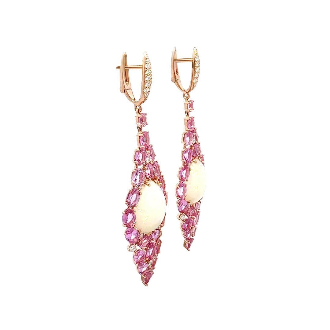 Chandeliers Diamond Pink Sapphire Opal 18K Yellow Gold Exclusive Earrings by Natkina