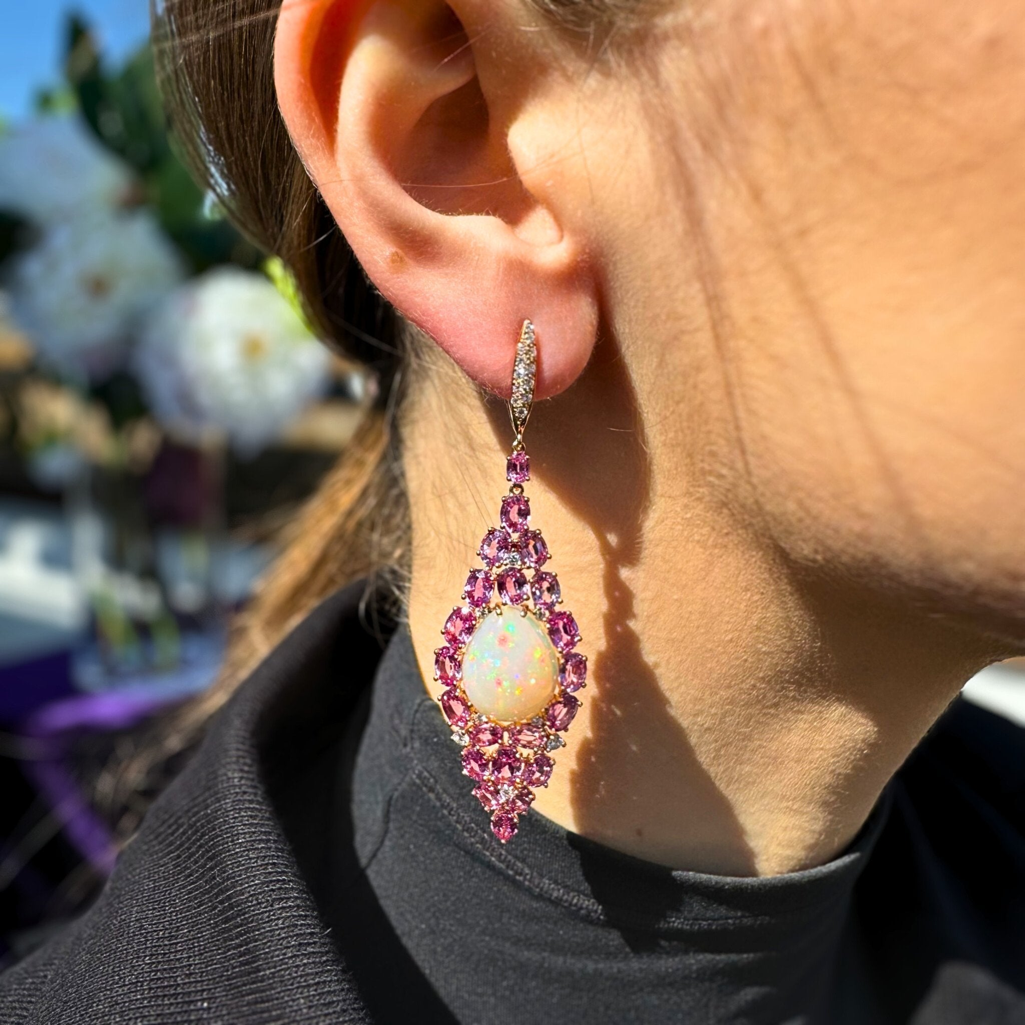 Chandeliers Diamond Pink Sapphire Opal 18K Yellow Gold Exclusive Earrings by Natkina