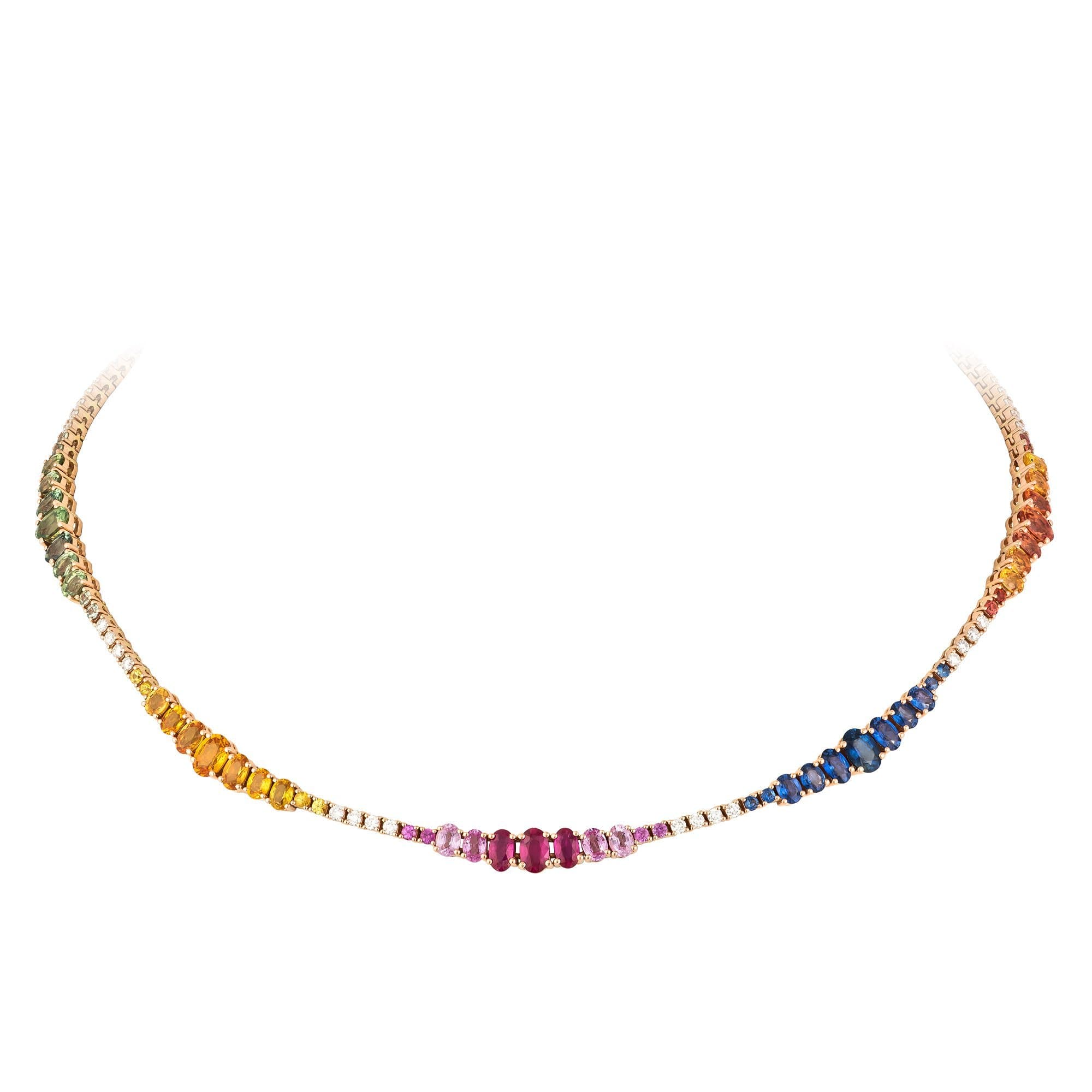 Chaotic Ruby Sapphire Diamond 18K Rose Gold Necklace for Her by Natkina