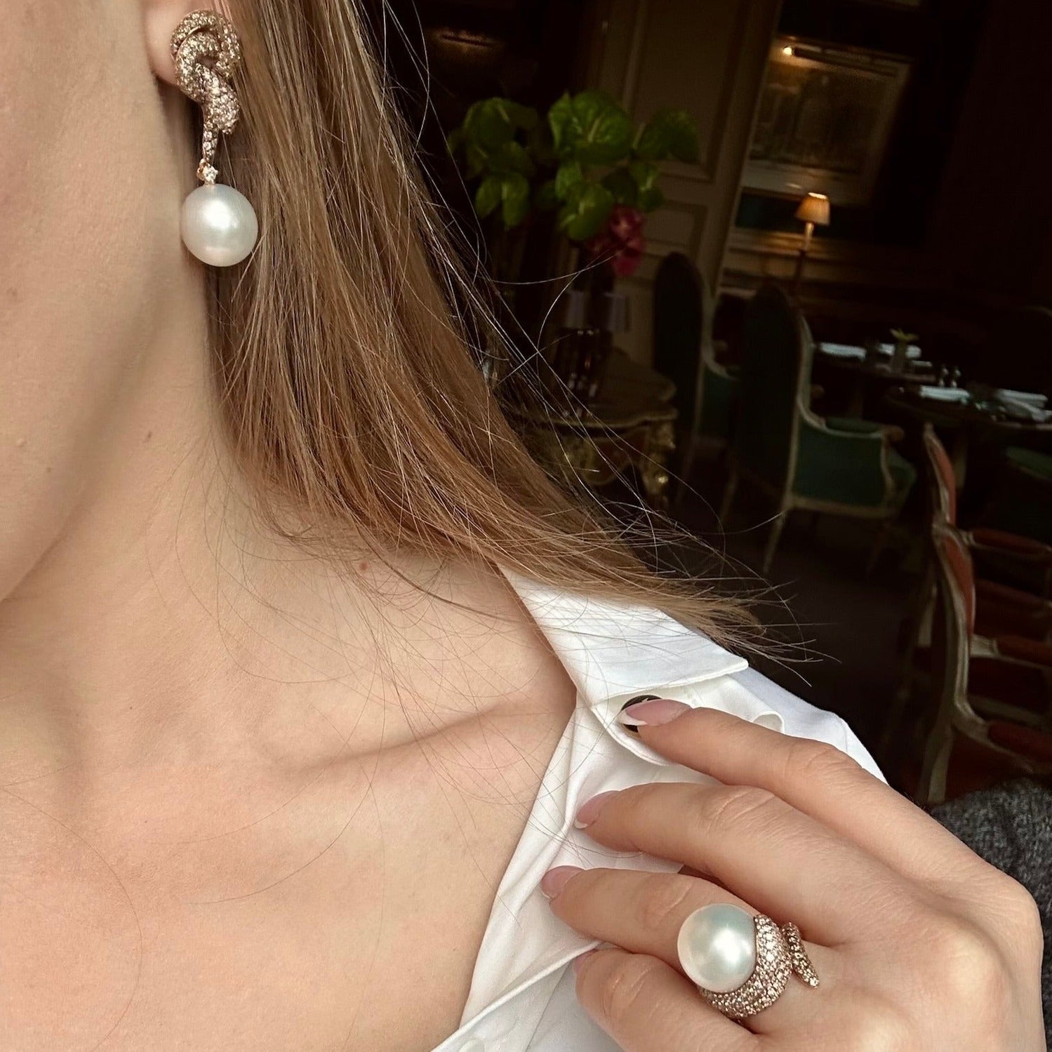 Classic Pearl Diamond Earrings 18K Yellow Gold For Her by Natkina