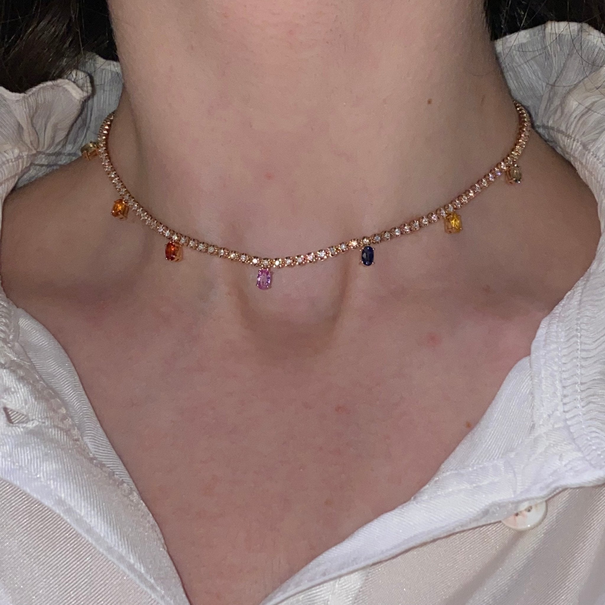 Diamond 18K Rose Gold Necklace with Multi Sapphires for Her by Natkina