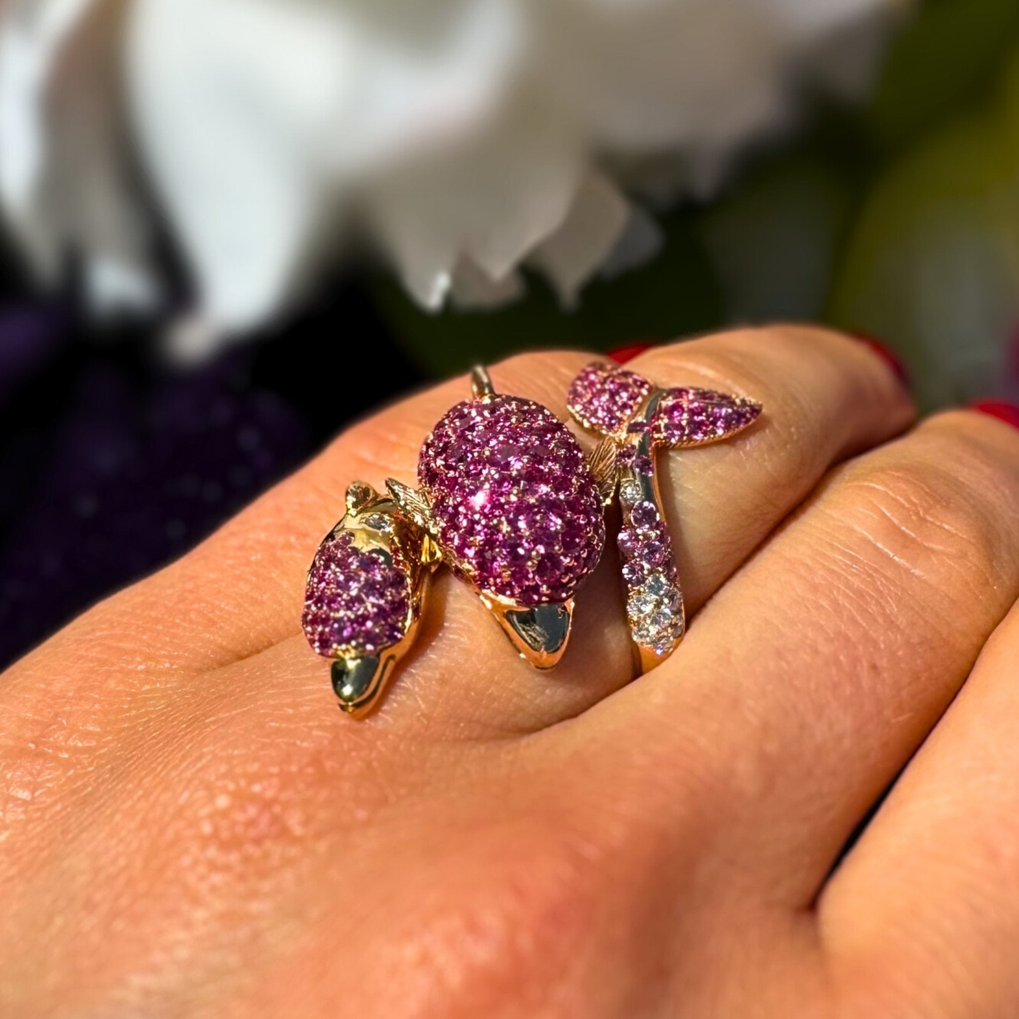 Exclusive Dolphin Pink Sapphire Diamond 18K Yellow Gold Exclusive Ring by Natkina