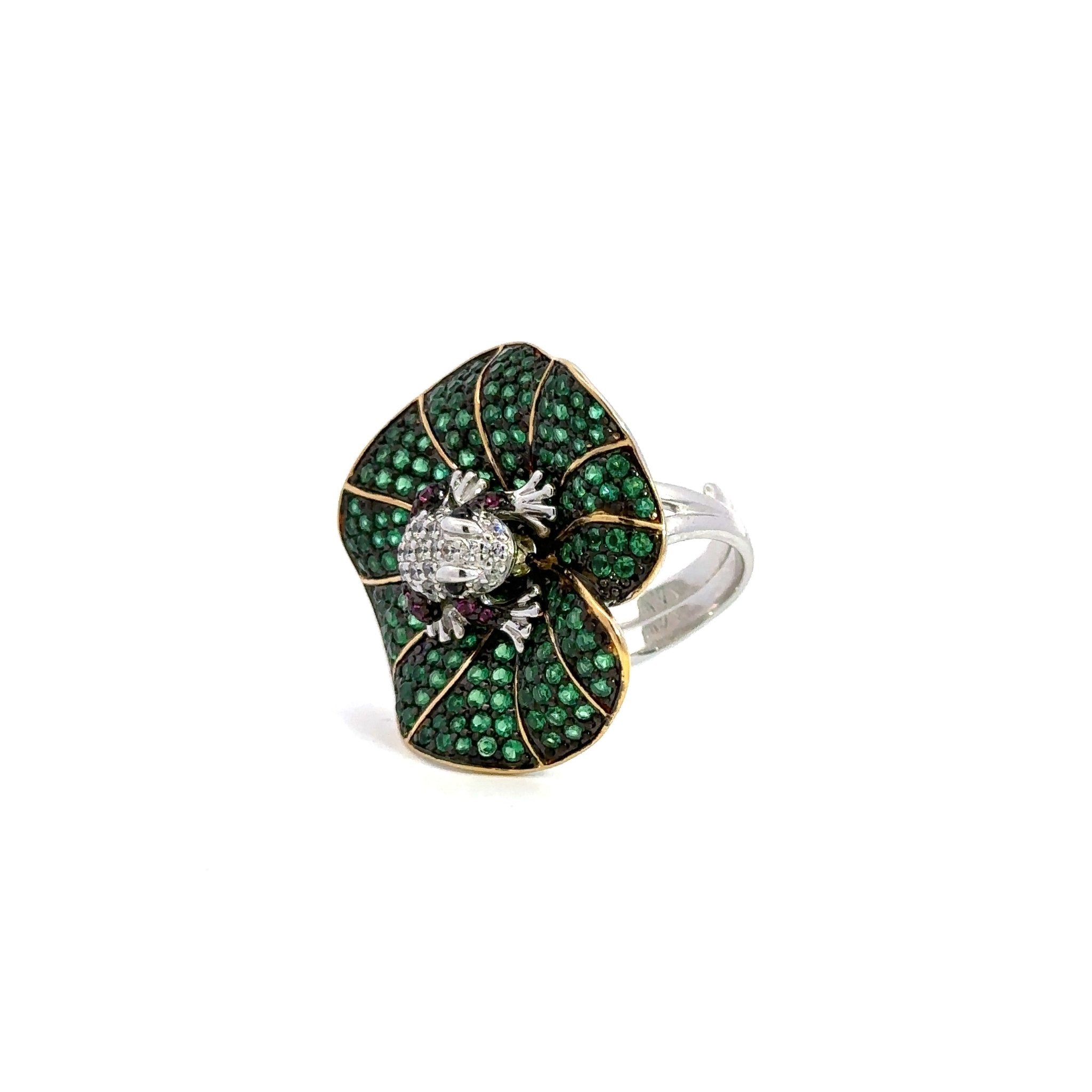Frog on a Green Leaf Silver Ring by Natkina
