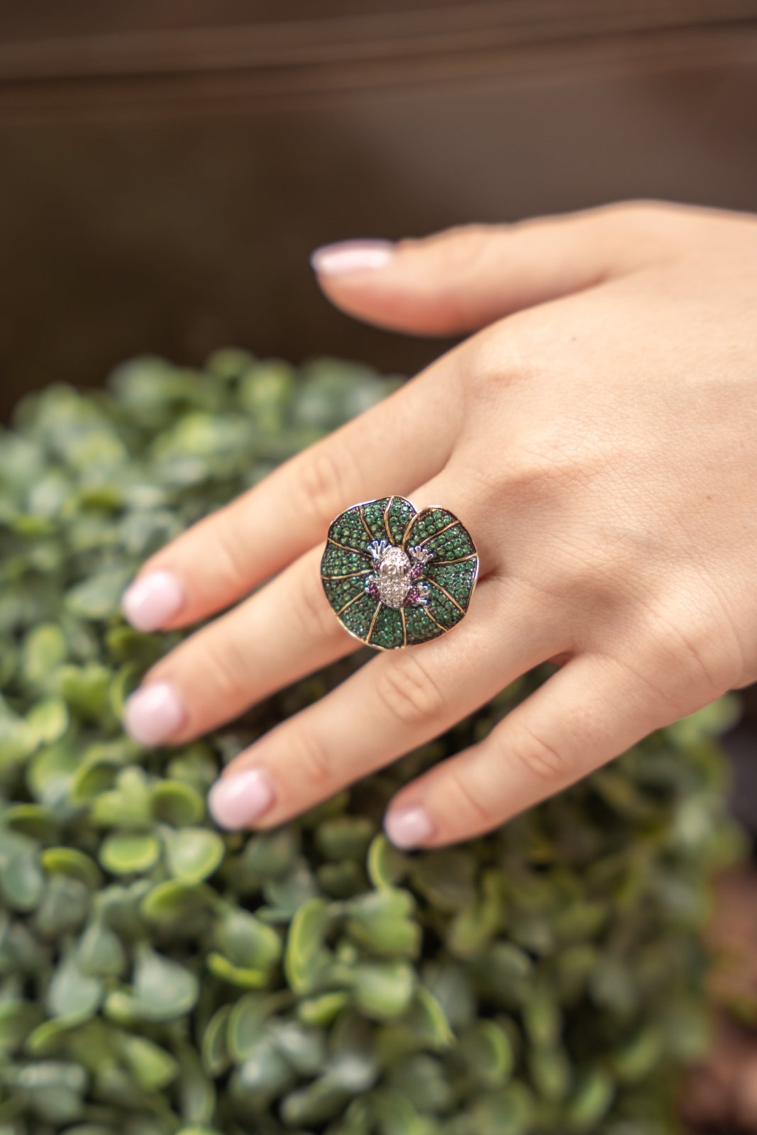 Frog on a Green Leaf Silver Ring by Natkina