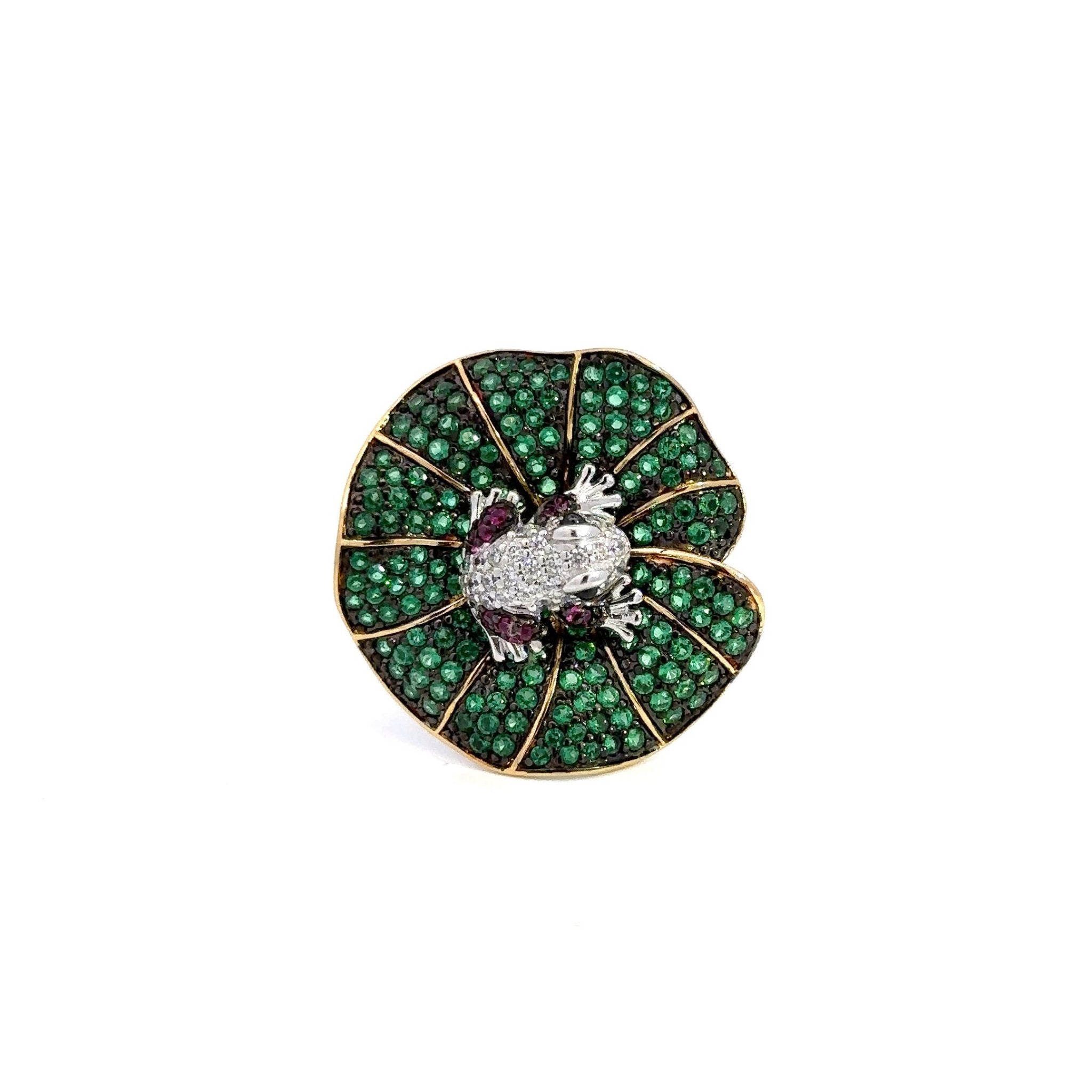 Frog on a Green Leaf Silver Ring by Natkina