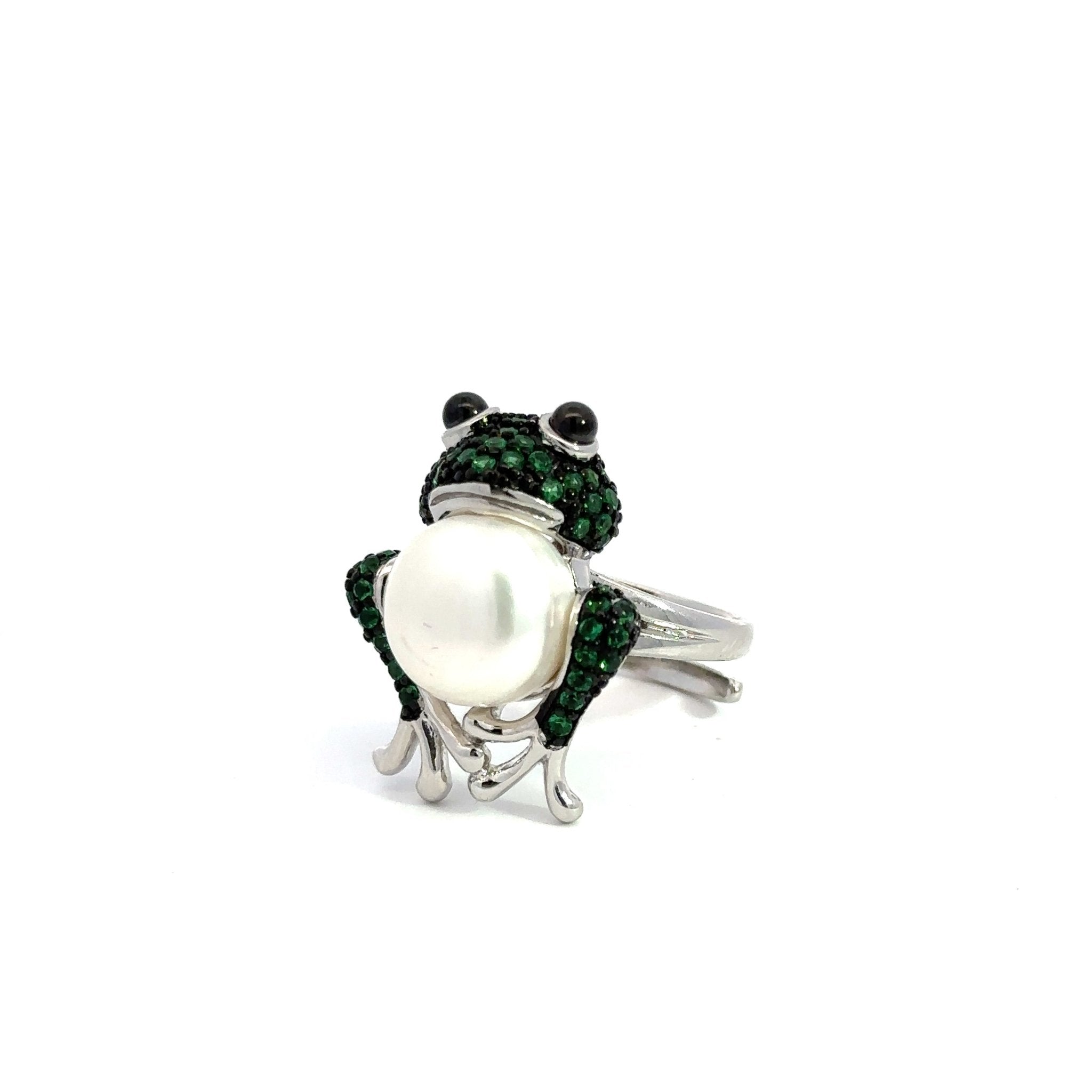 Green & Pearl Silver Frog Ring by Natkina
