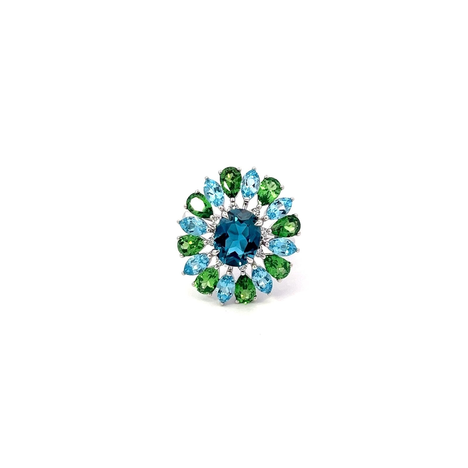 Impressive Tsavorite Blue Topaz Diamond 18K White Gold Exclusive Ring by Natkina