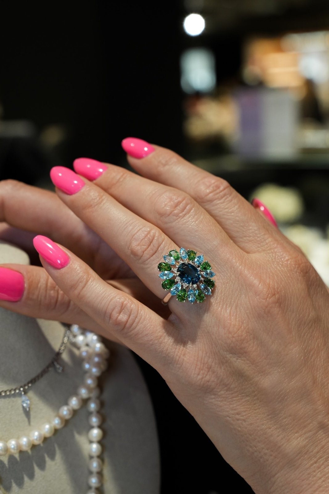 Impressive Tsavorite Blue Topaz Diamond 18K White Gold Exclusive Ring by Natkina