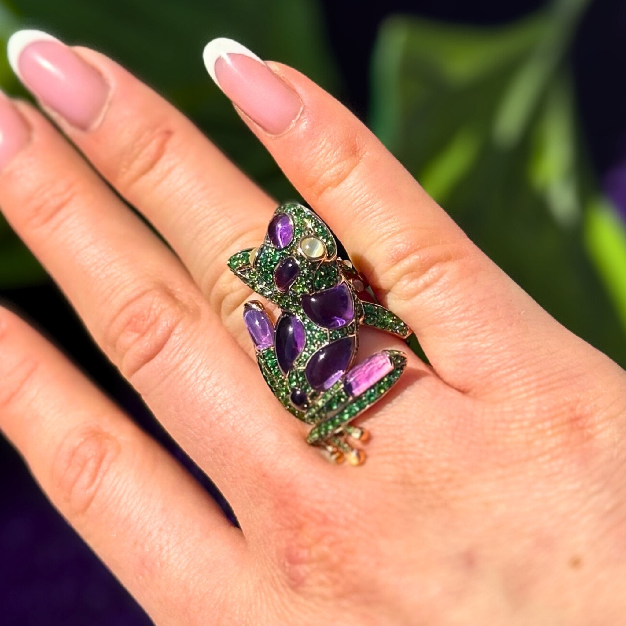 Lucky Frog Amethyst Cat Eye Tsavorite 18K Yellow Gold Exclusive Ring by Natkina