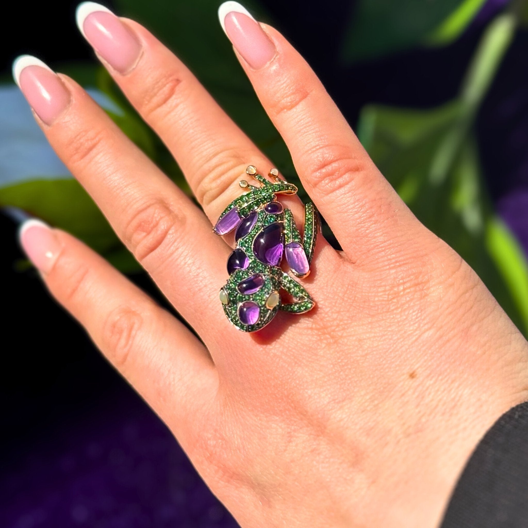 Lucky Frog Amethyst Cat Eye Tsavorite 18K Yellow Gold Exclusive Ring by Natkina