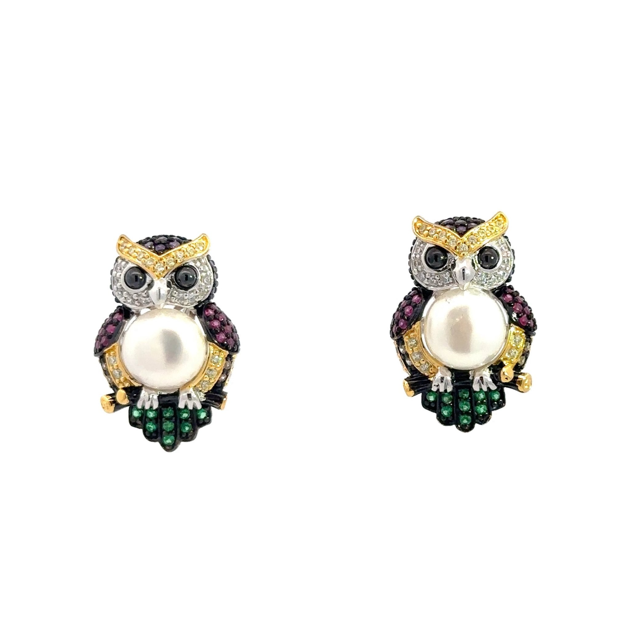 Multicolor & Pearl Owl Silver Earrings by Natkina