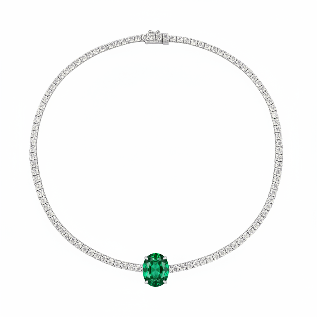 Oval Centred Tennis Silver Necklace by Natkina