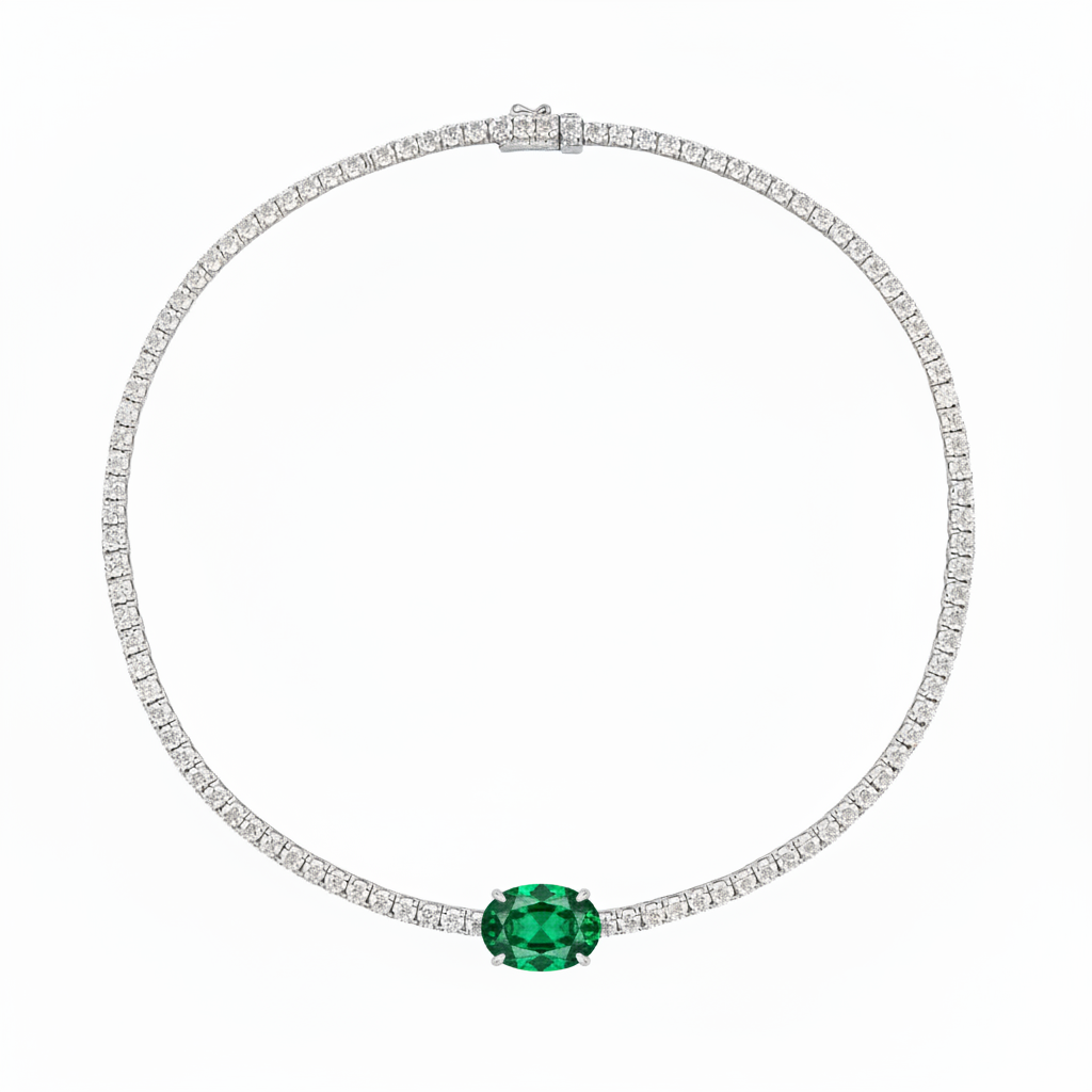Oval Centred Tennis Silver Necklace by Natkina