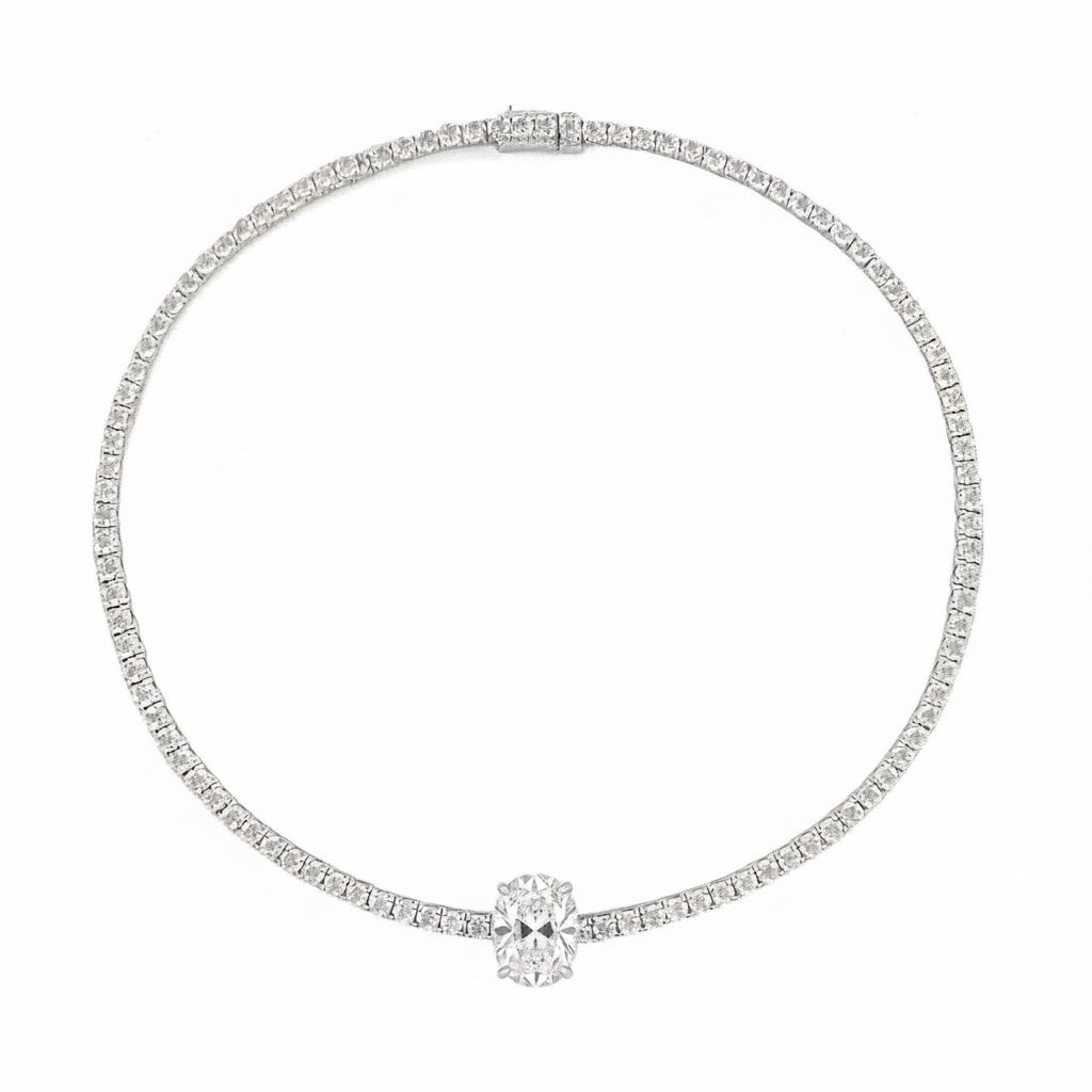 Oval Centred Tennis Silver Necklace by Natkina