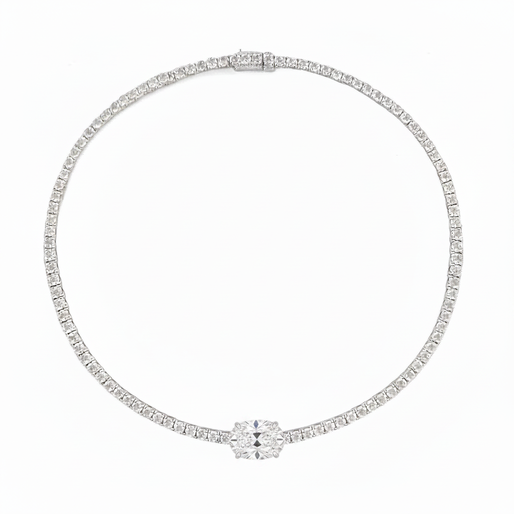 Oval Centred Tennis Silver Necklace by Natkina