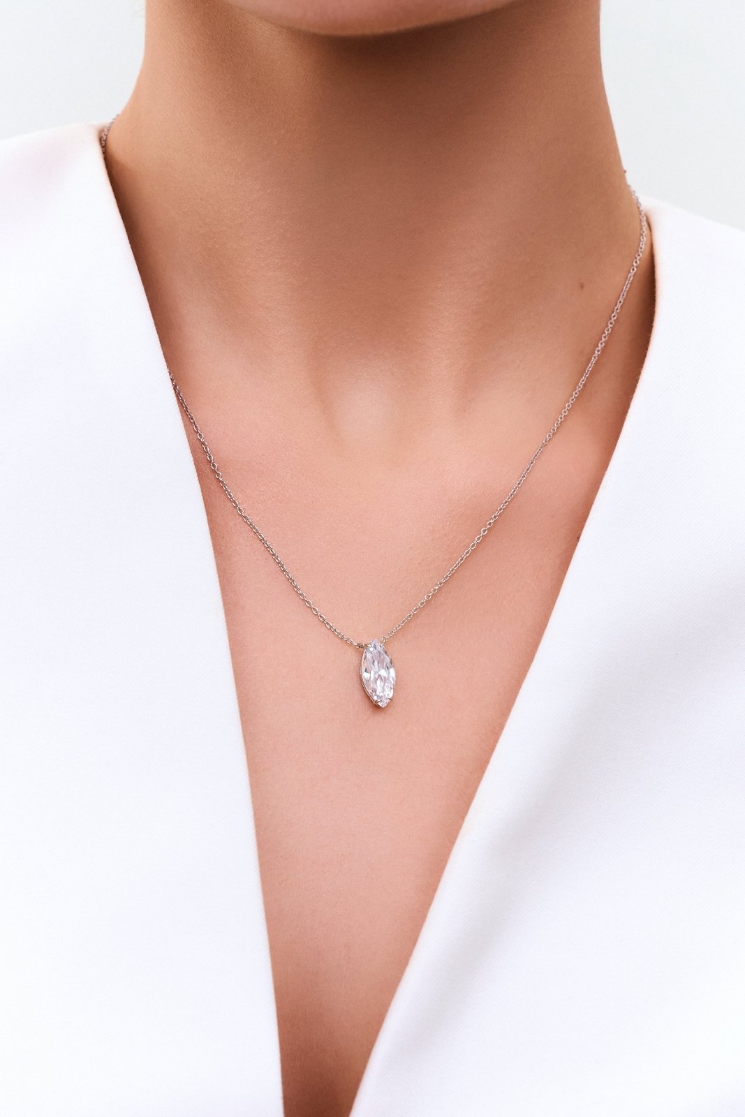 Single Marquise Cut 15 x 7 mm CZ Silver Necklace by Natkina