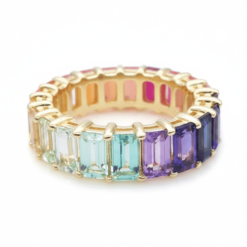 Soft Rainbow Emerald Cut Eternity Band Ring by Natkina
