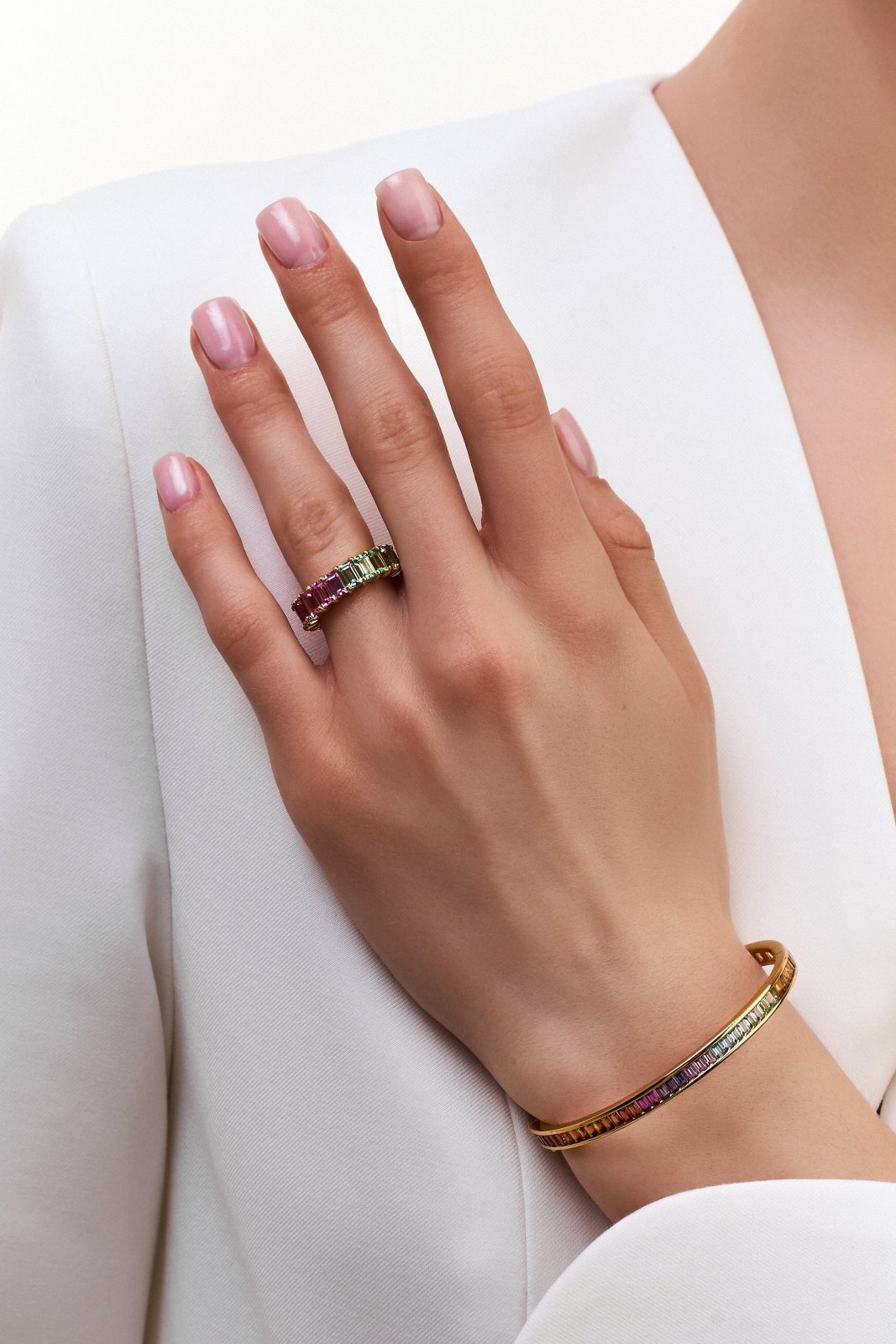 Soft Rainbow Emerald Cut Eternity Band Ring by Natkina