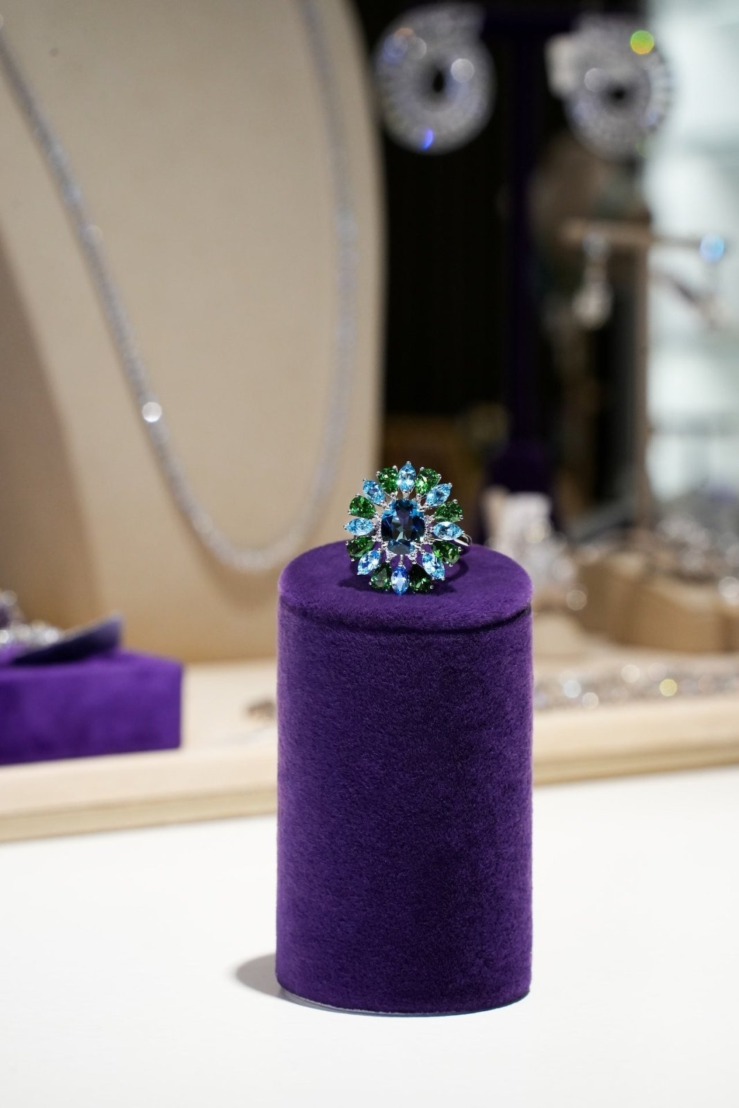 Timeless Blue Topaz Emerald Diamond 18K White Gold Exclusive Ring (Large) by Natkina
