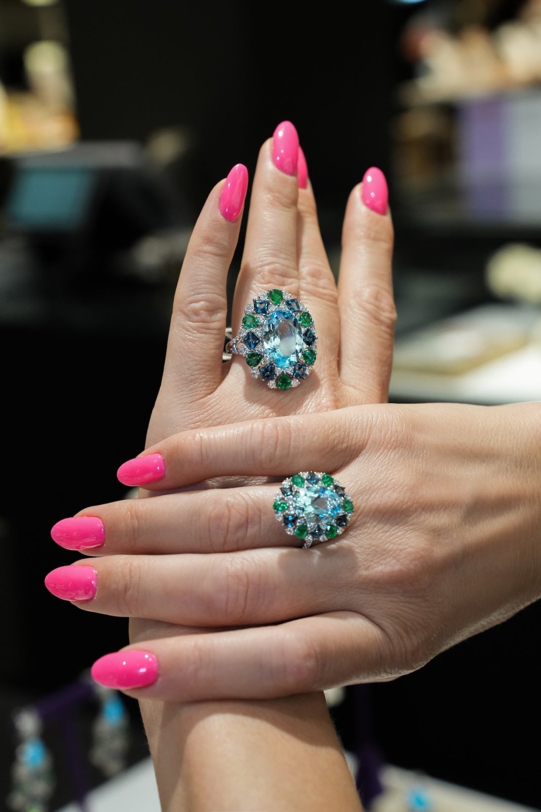 Timeless Blue Topaz Emerald Diamond 18K White Gold Exclusive Ring (Medium) by Natkina