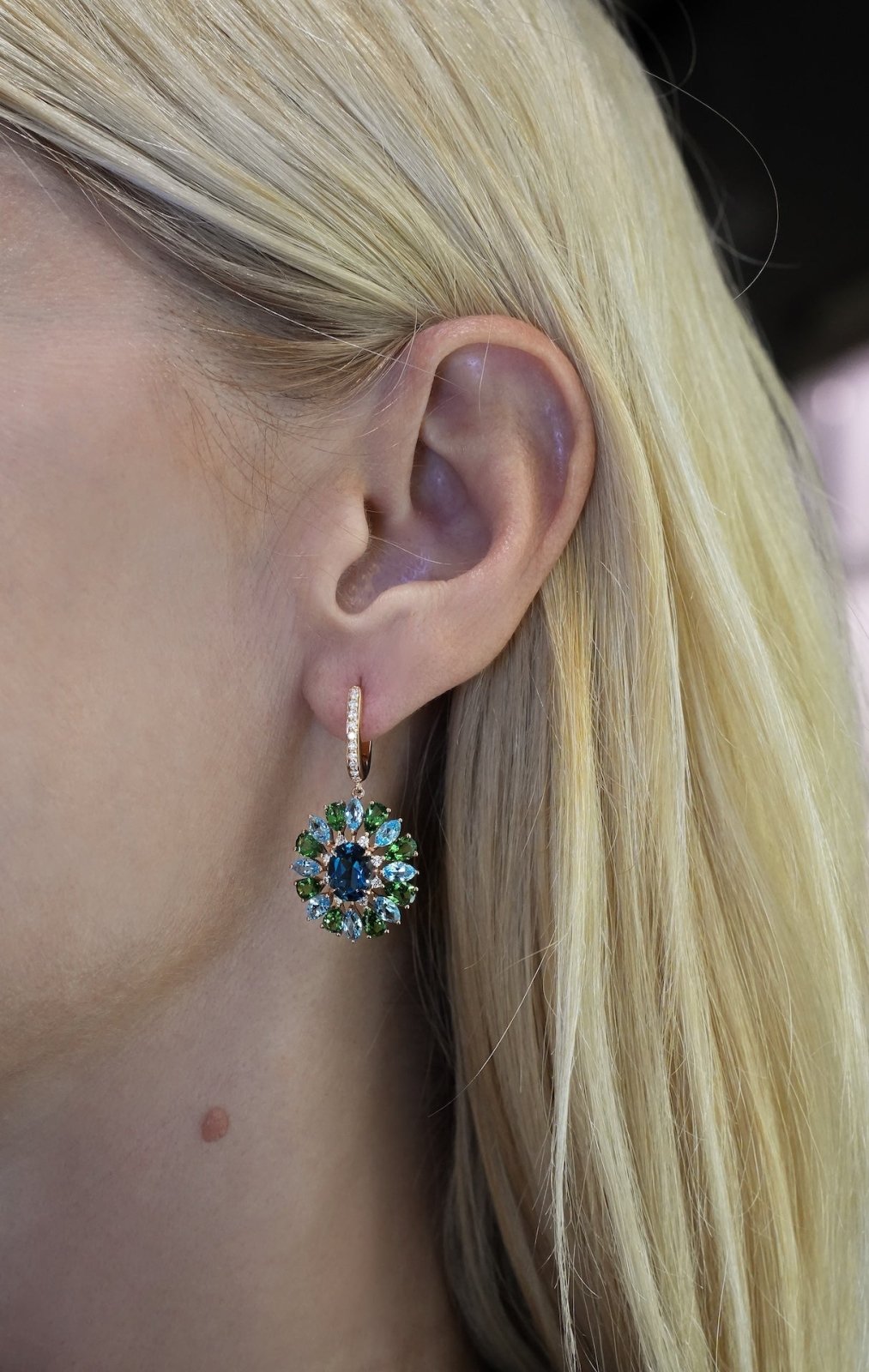 Timeless Emeralds Blue Topaz Diamond 18K Rose Gold Exclusive Earrings by Natkina