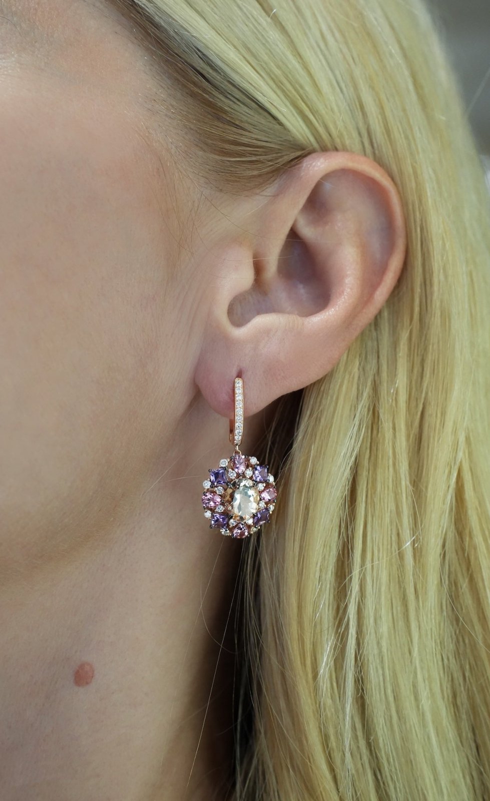 Timeless Pink Tourmaline Amethyst Diamond 18K Rose Gold Exclusive Earrings by Natkina