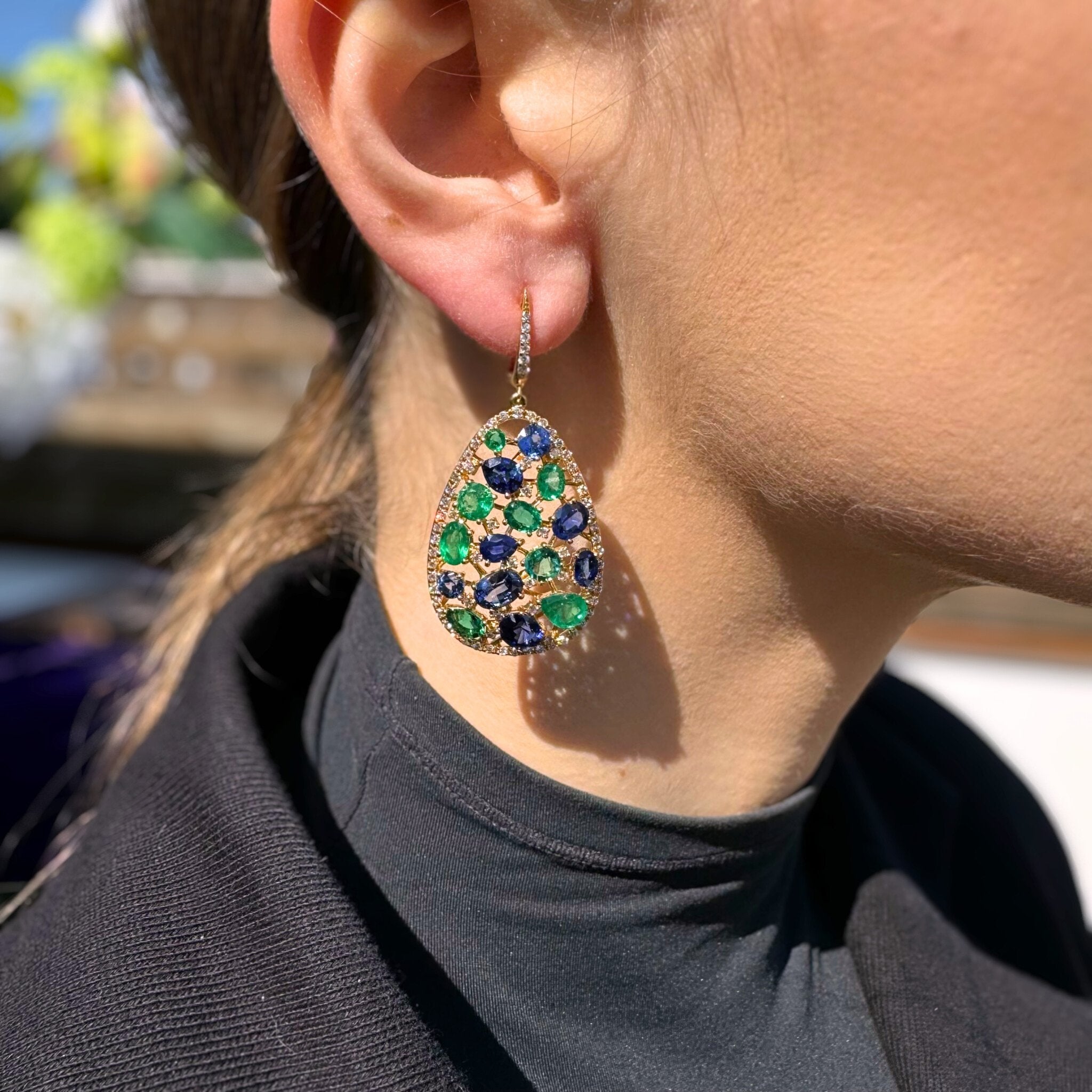 Wondrous Emerald Sapphire Diamond 18K Yellow Gold Exclusive Earrings by Natkina