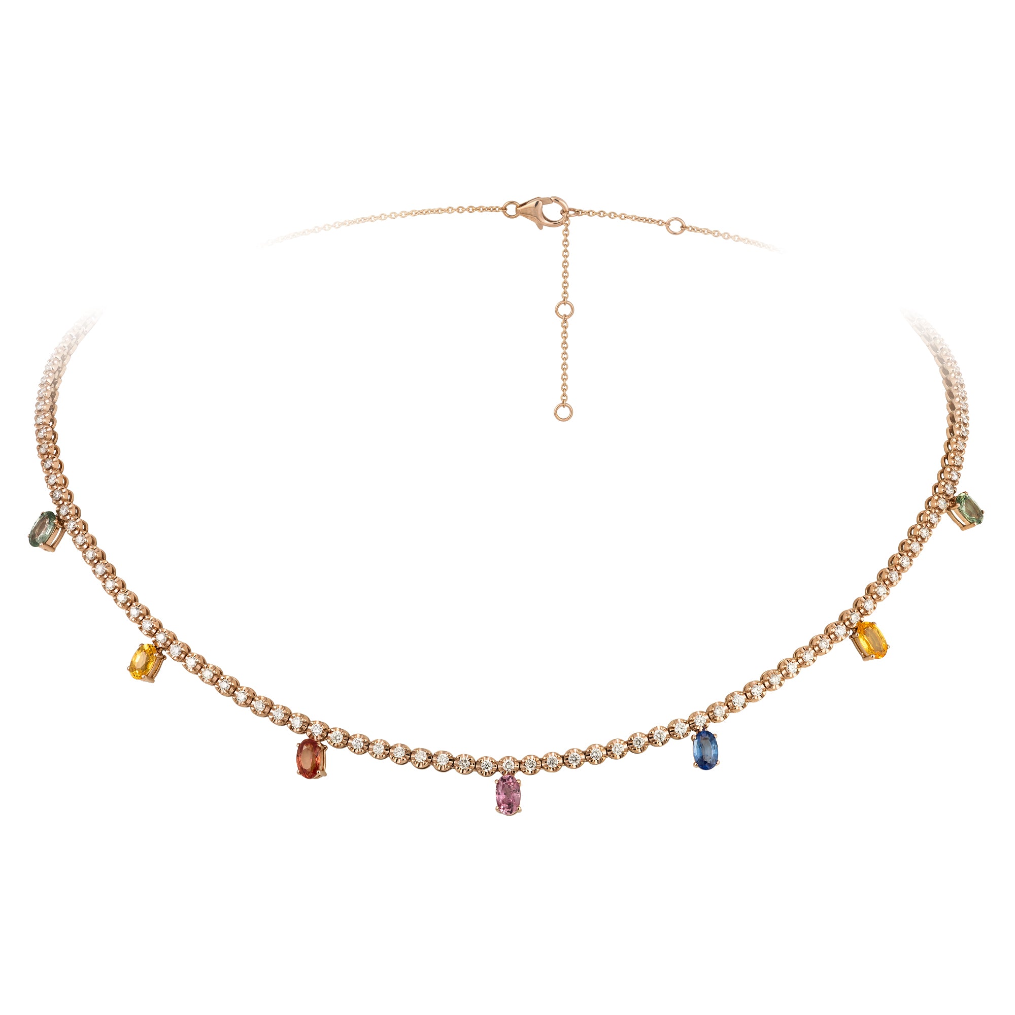 Diamond 18K Rose Gold Necklace with Multi Sapphires for Her