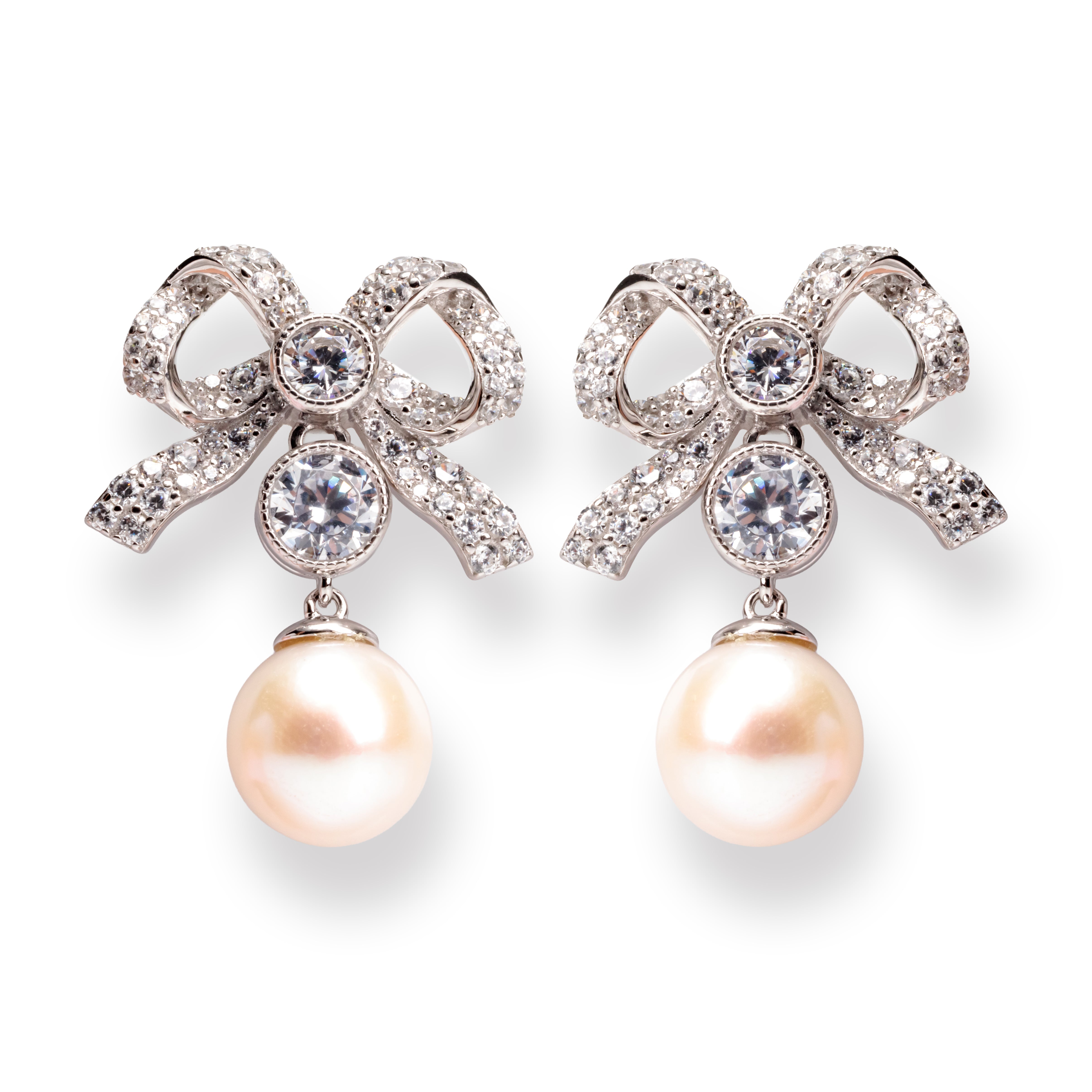 Silver Pearl Bow Earrings