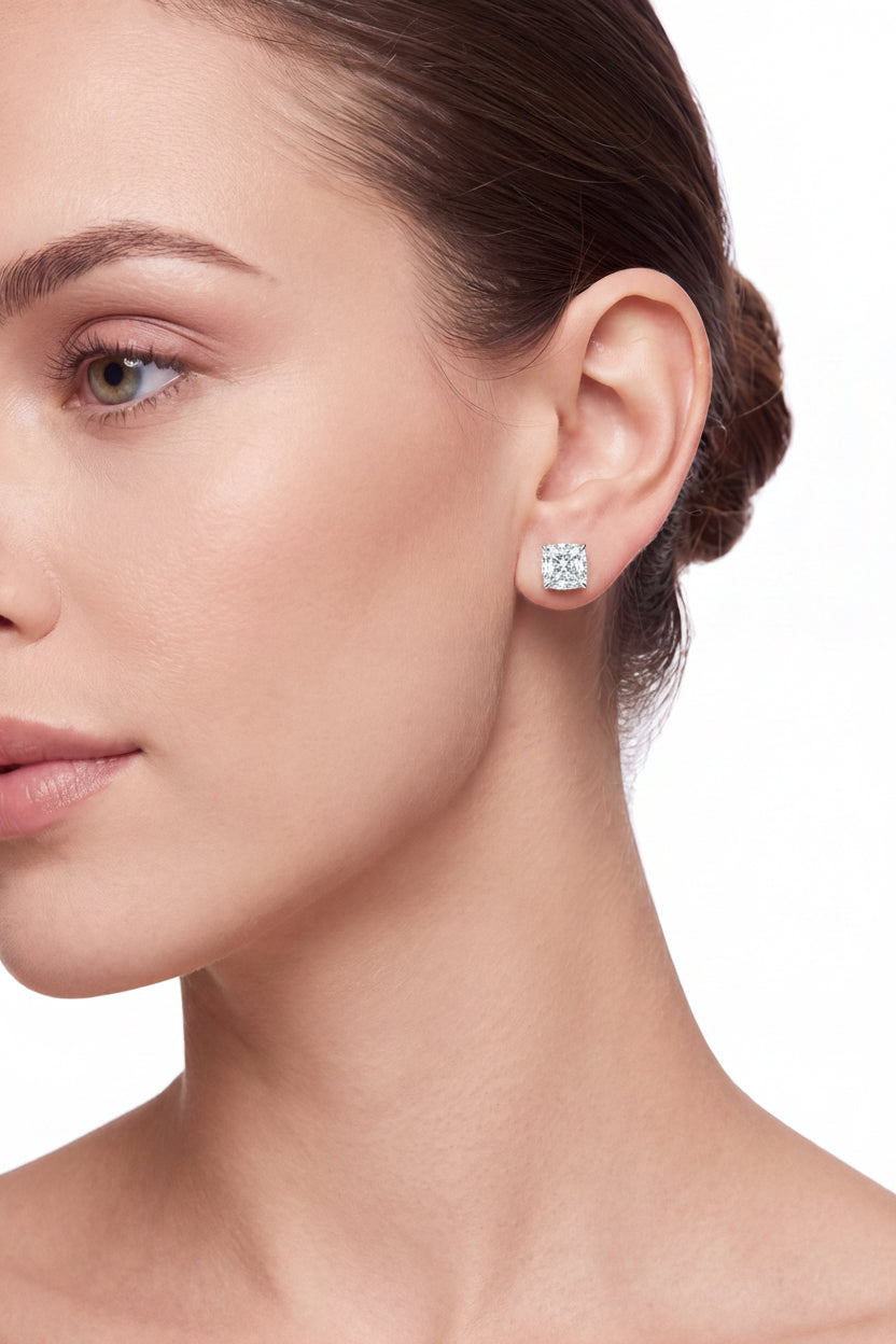 Classic Cushion Cut 8x8 mm Silver Stud Earrings