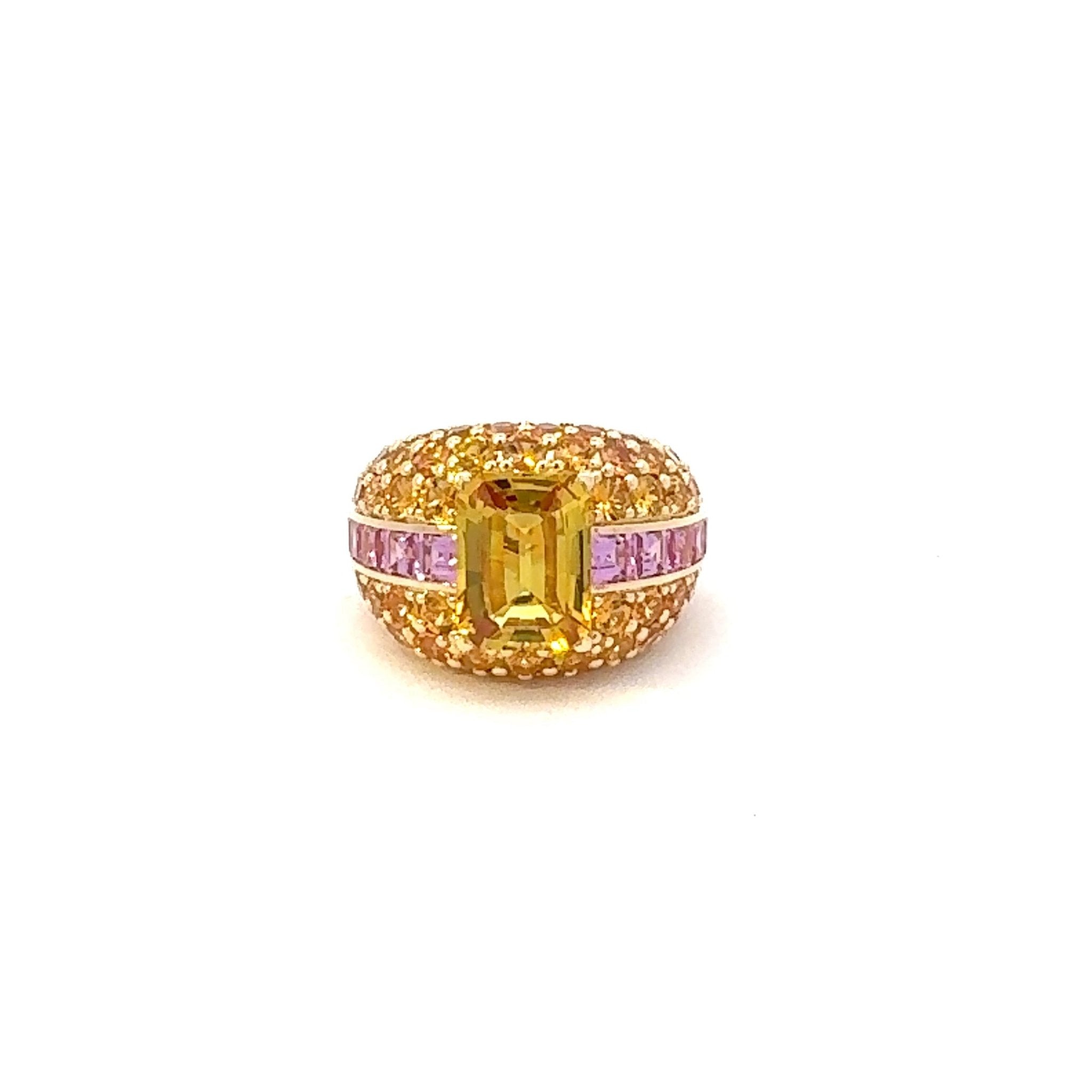 Aladdine Yellow Pink Orange Sapphire 18K Yellow Gold Exclusive Ring by Natkina