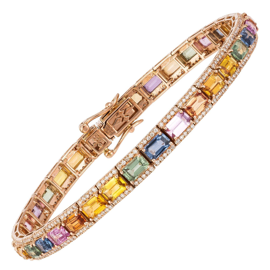 Baguette Multi Sapphire Diamond Tennis Bracelet 18K Rose Gold Her