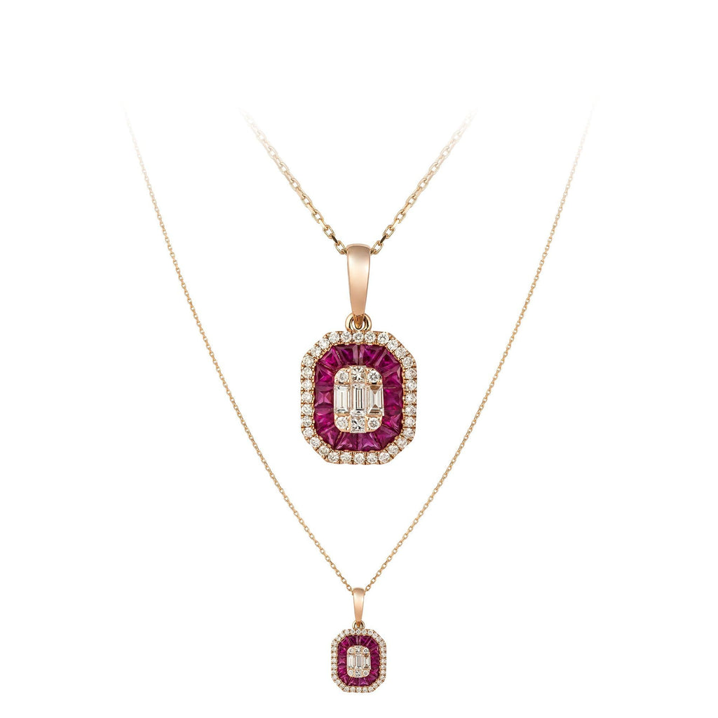 Baguette Ruby Diamond 18K Rose Gold Necklace Her