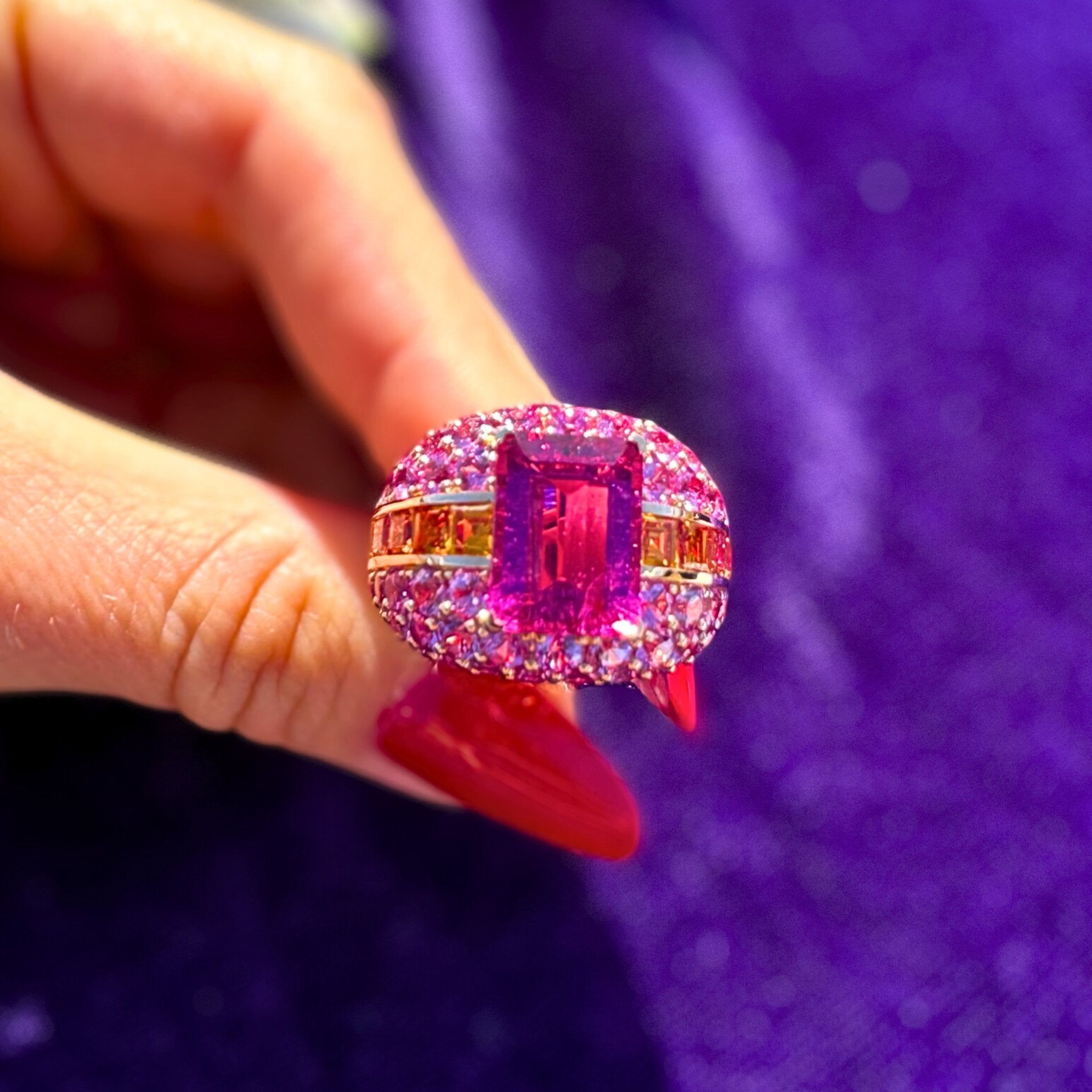 Breathtaking Ruby Orange Pink Sapphire 18K Yellow Gold Exclusive Ring by Natkina