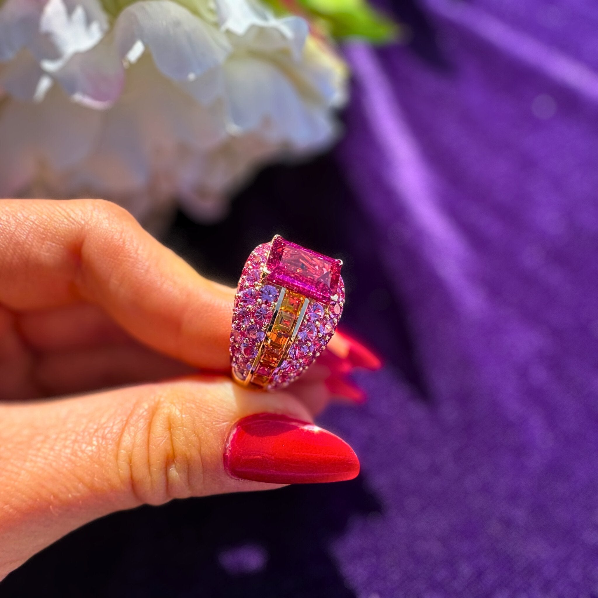 Breathtaking Ruby Orange Pink Sapphire 18K Yellow Gold Exclusive Ring by Natkina