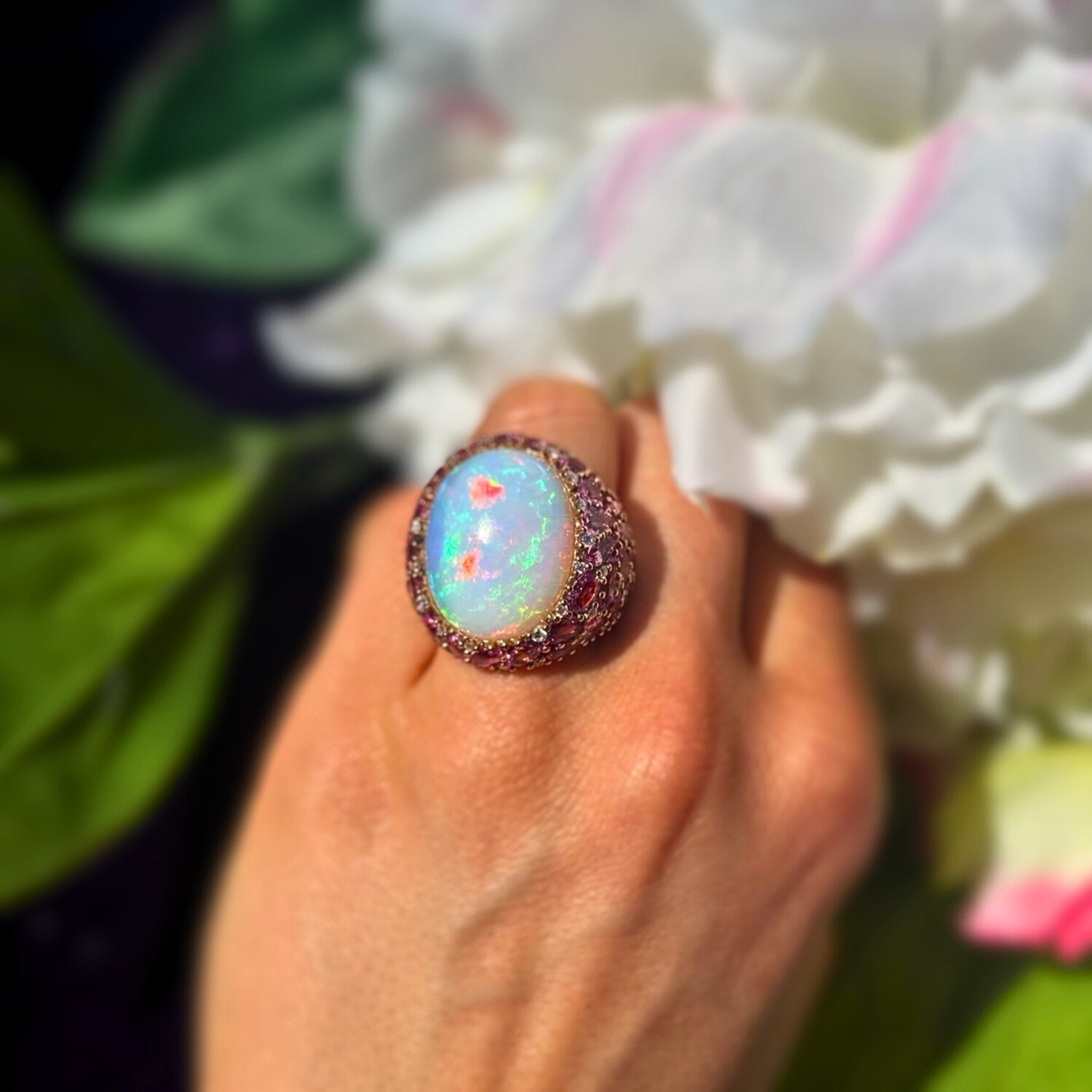 Chic Pink Sapphire Opal Diamonds 18K Yellow Exclusive Ring by Natkina