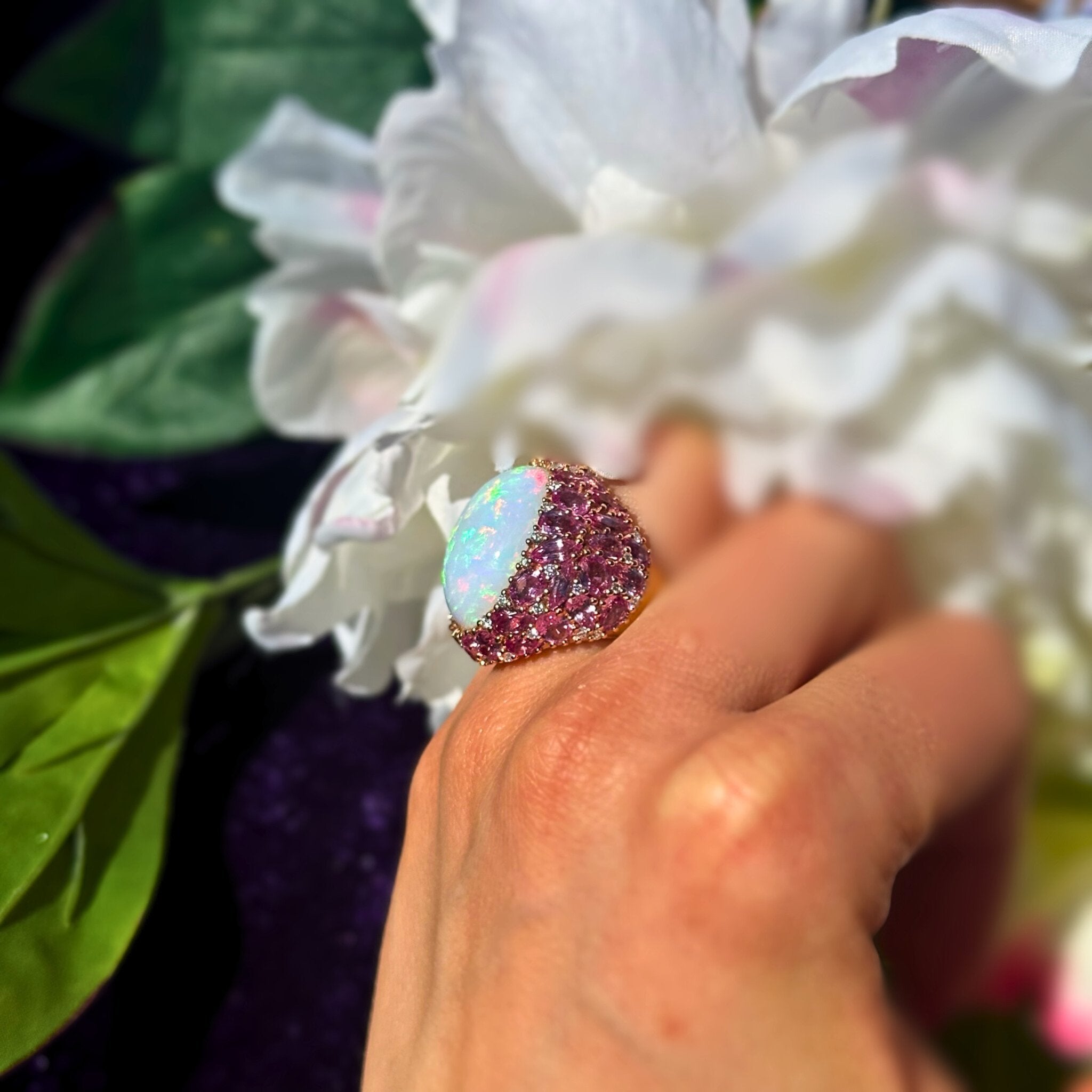 Chic Pink Sapphire Opal Diamonds 18K Yellow Exclusive Ring by Natkina