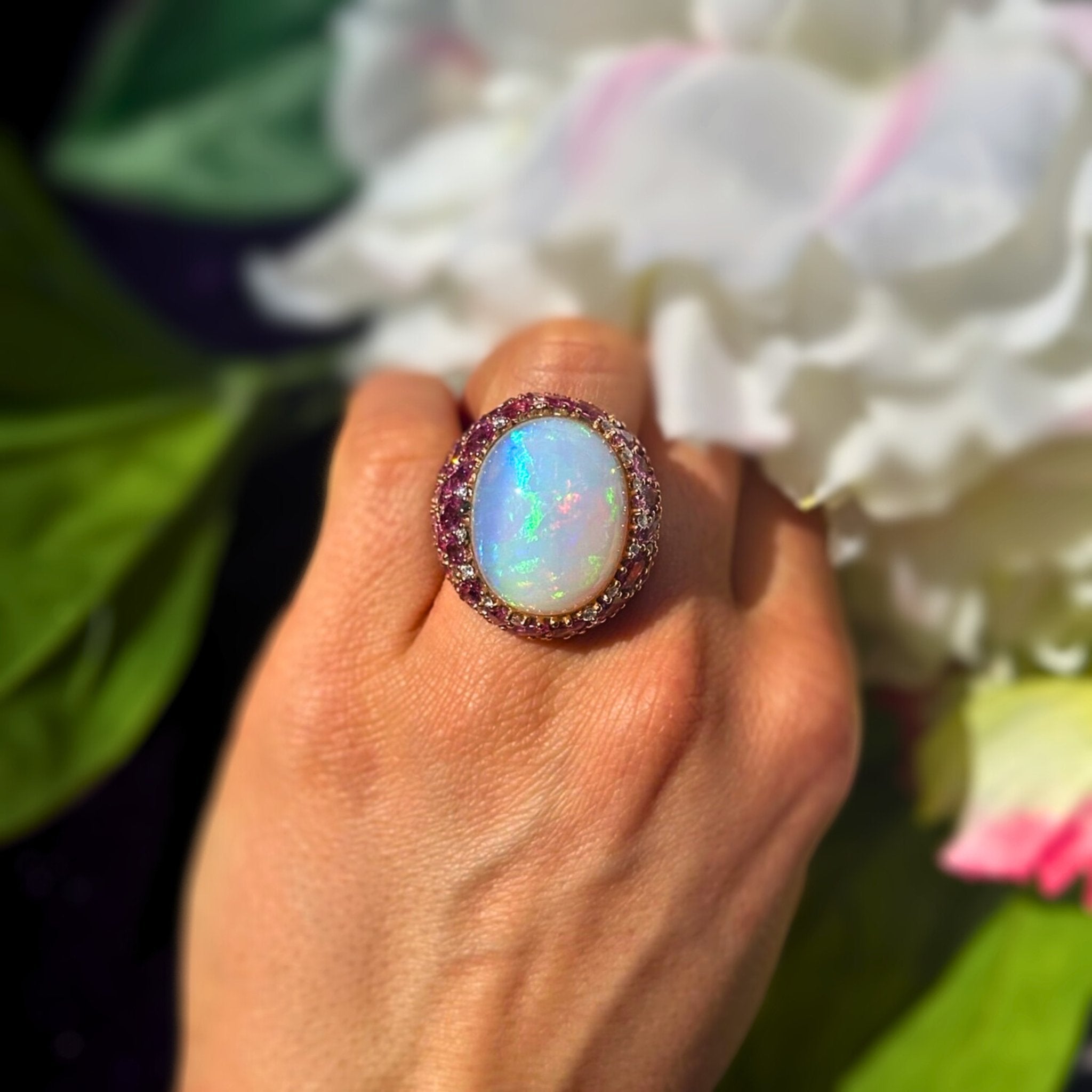 Chic Pink Sapphire Opal Diamonds 18K Yellow Exclusive Ring by Natkina