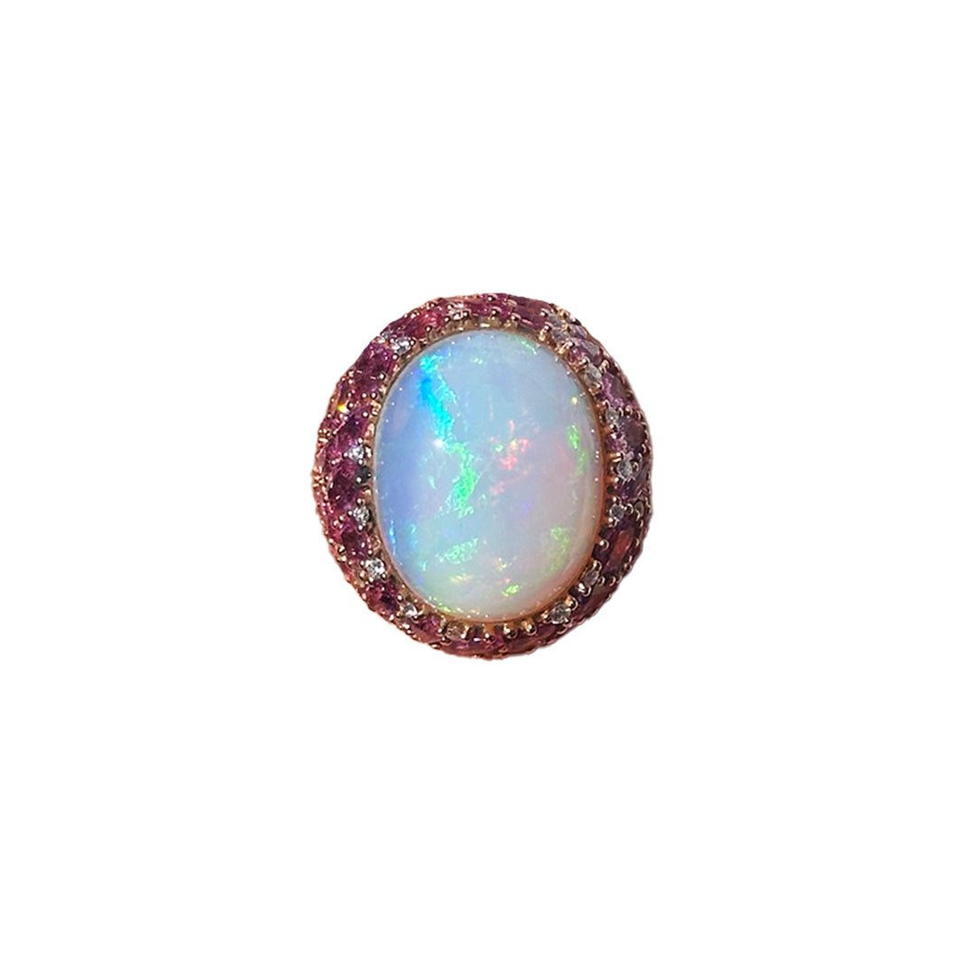 Chic Pink Sapphire Opal Diamonds 18K Yellow Exclusive Ring by Natkina
