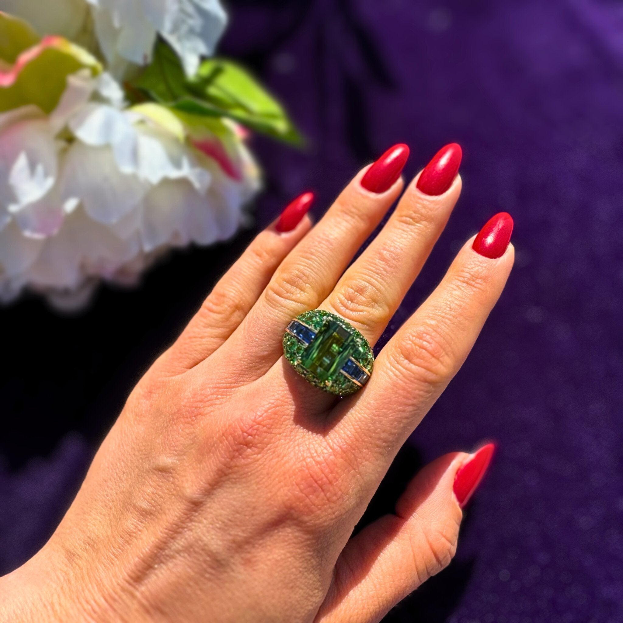 Exclusive Green Tourmaline Sapphire Tsavorite Ring White 18K Gold Exclusive Ring by Natkina