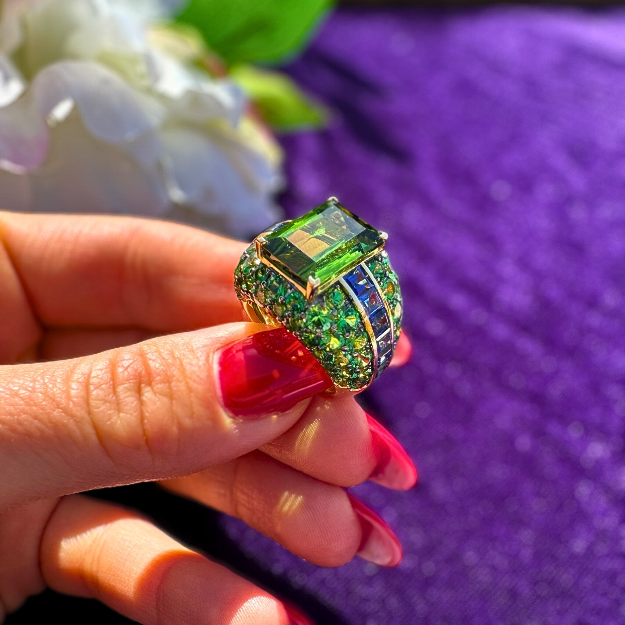 Exclusive Green Tourmaline Sapphire Tsavorite Ring White 18K Gold Exclusive Ring by Natkina