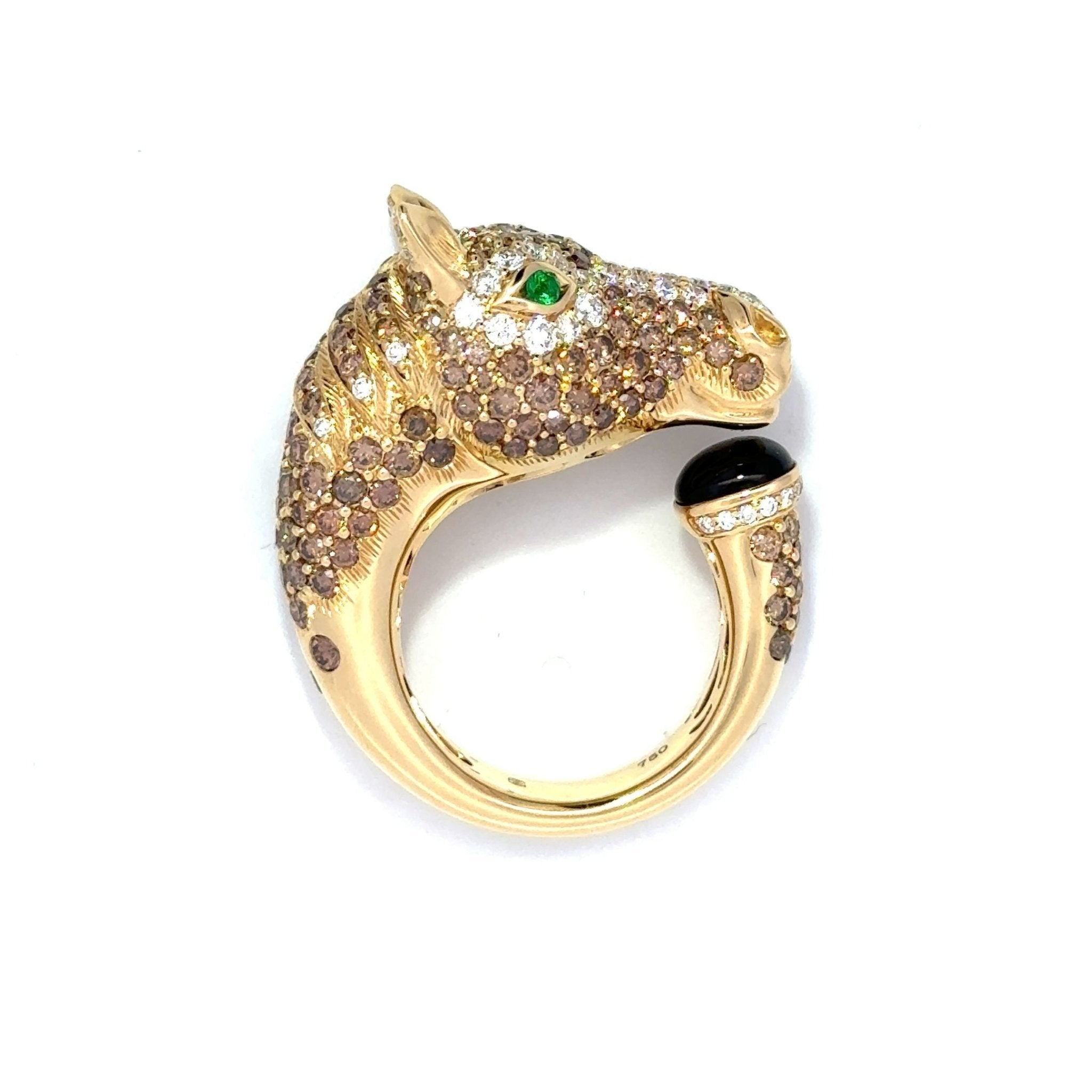 Exclusive Horse Diamond Emerald Yellow 18K Gold Exclusive Ring by Natkina