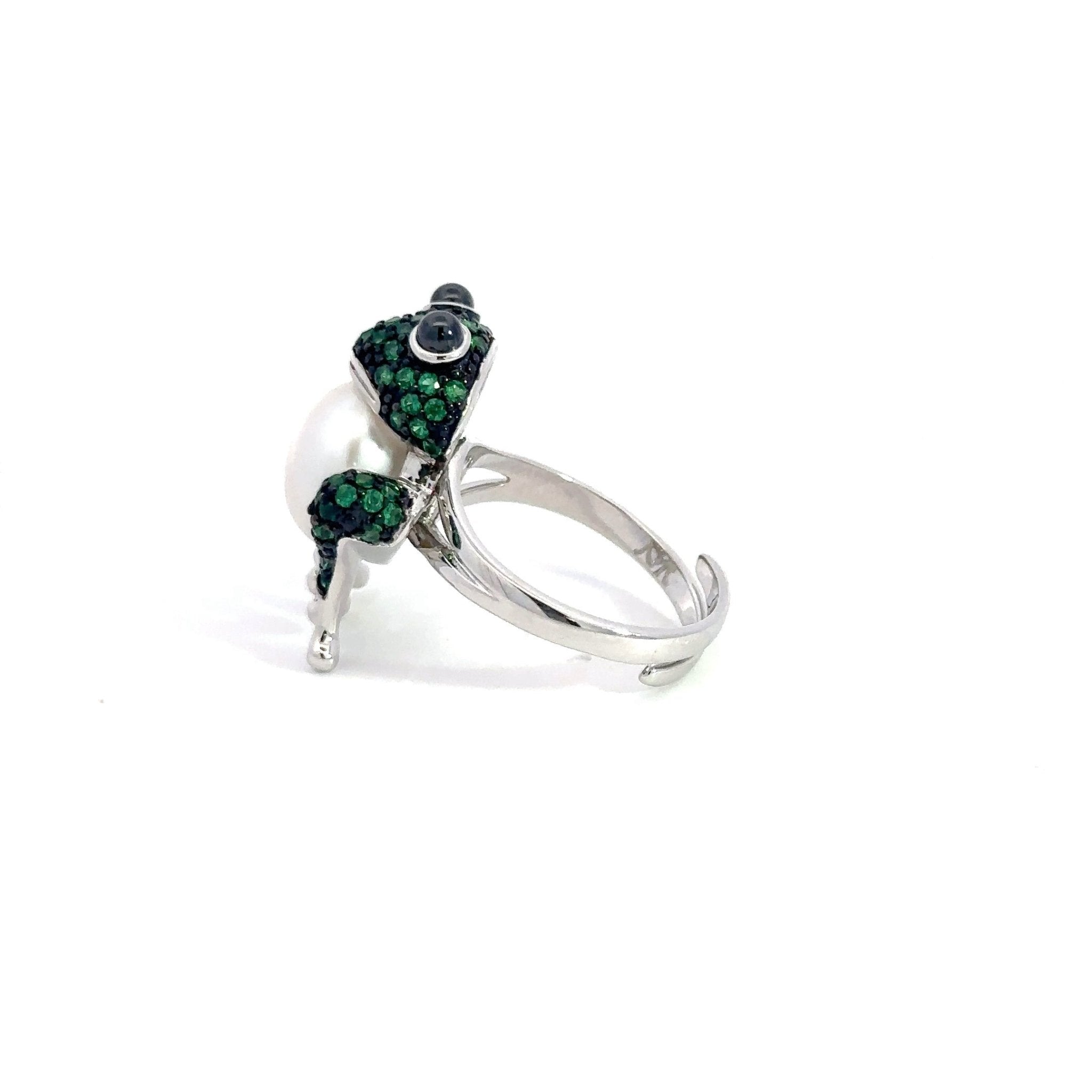 Green & Pearl Silver Frog Ring by Natkina