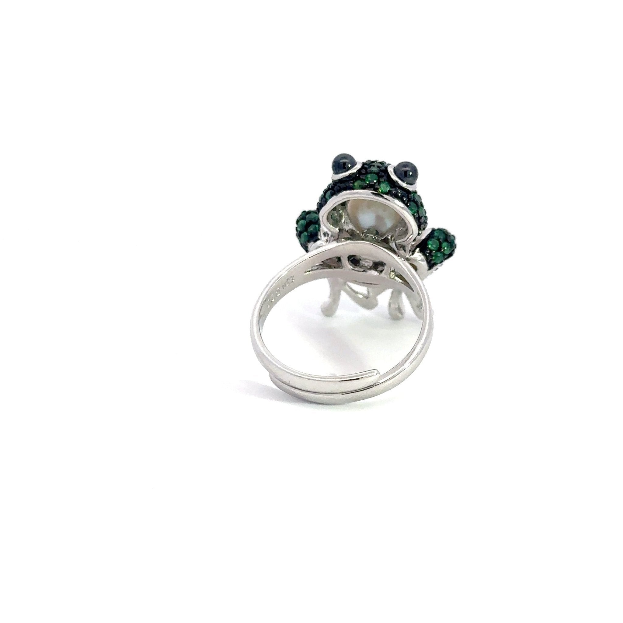 Green & Pearl Silver Frog Ring by Natkina